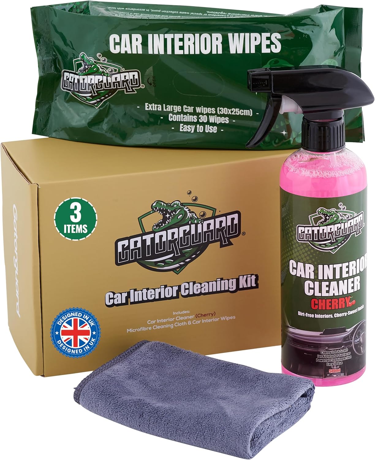 Gatorguard Car Interior Cleaning Kit, 500ml Cherry Scented Cleaning Spray, 30 Extra-Large Wet Wipes, Soft Microfiber Cloth, All-in-One Auto Detailing Set, Dashboards, Plastics & More
