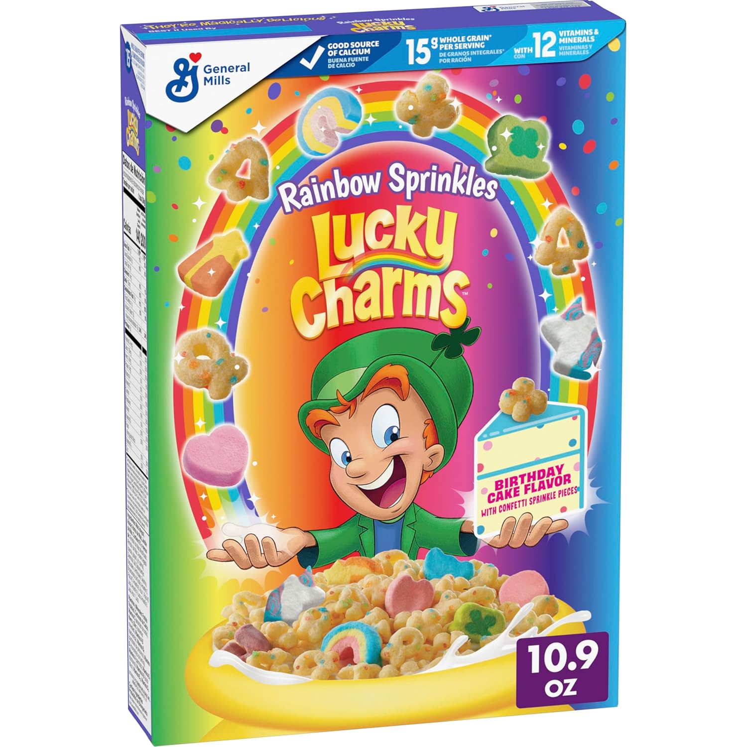 Lucky Charms Rainbow Sprinkles Cereal with Marshmallows, Birthday Cake Flavor, Kids Breakfast Cereal Made with Whole Grain, 10.9 oz