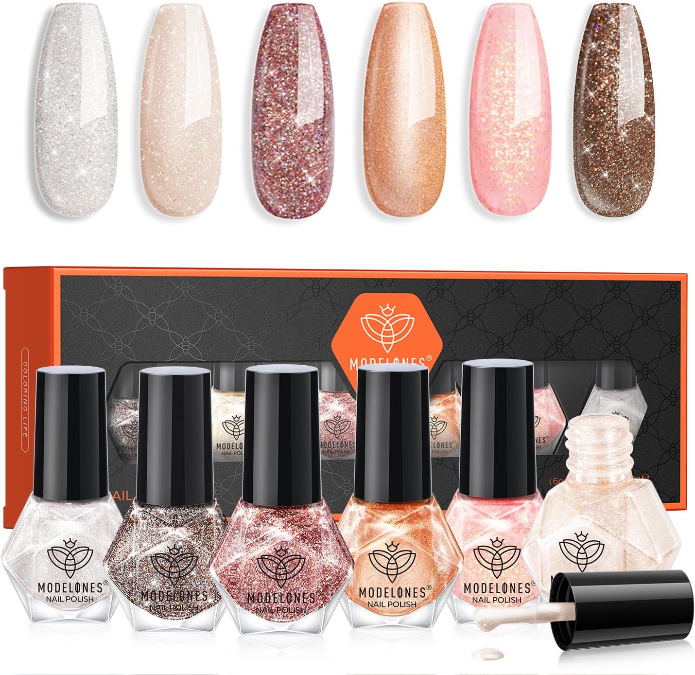 Modelones Nail Polish Set 6 Colors Glitter Pink Brown Nail Polish Quick Dry Nail Varnish Silver Nude Nail Polish Manicure DIY Nail Art Salon Home For Women