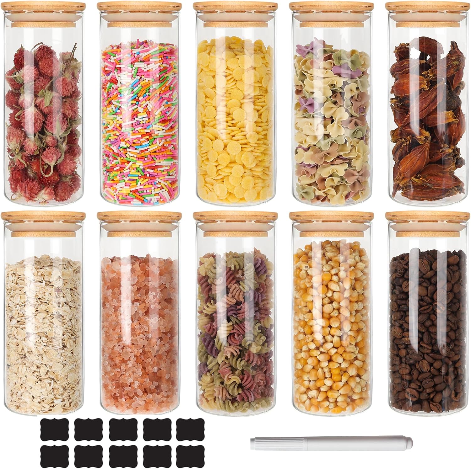 Glass Food Storage Containers Jars with Airtight Bamboo Lid 16oz 10pcs, 510ml Pantry Organization Jar, Glass Terrarium with Lid, Spice, Tea, Flour and Sugar Container, Canister Set for Kitchen Counter