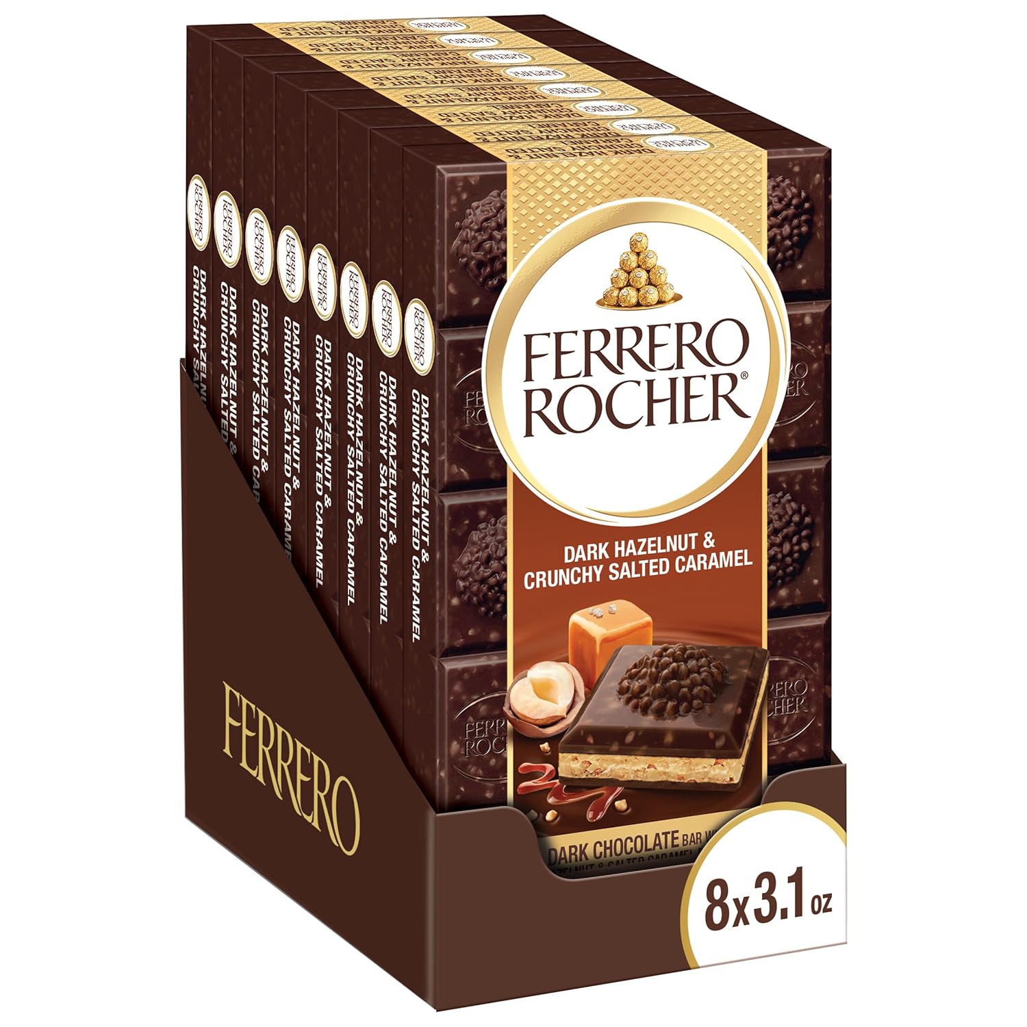 Ferrero Rocher Premium Chocolate Bars, 8 Pack, Dark Chocolate Hazelnut and Crunchy Salted Caramel, ​Individually Wrapped, 3.1 oz Each