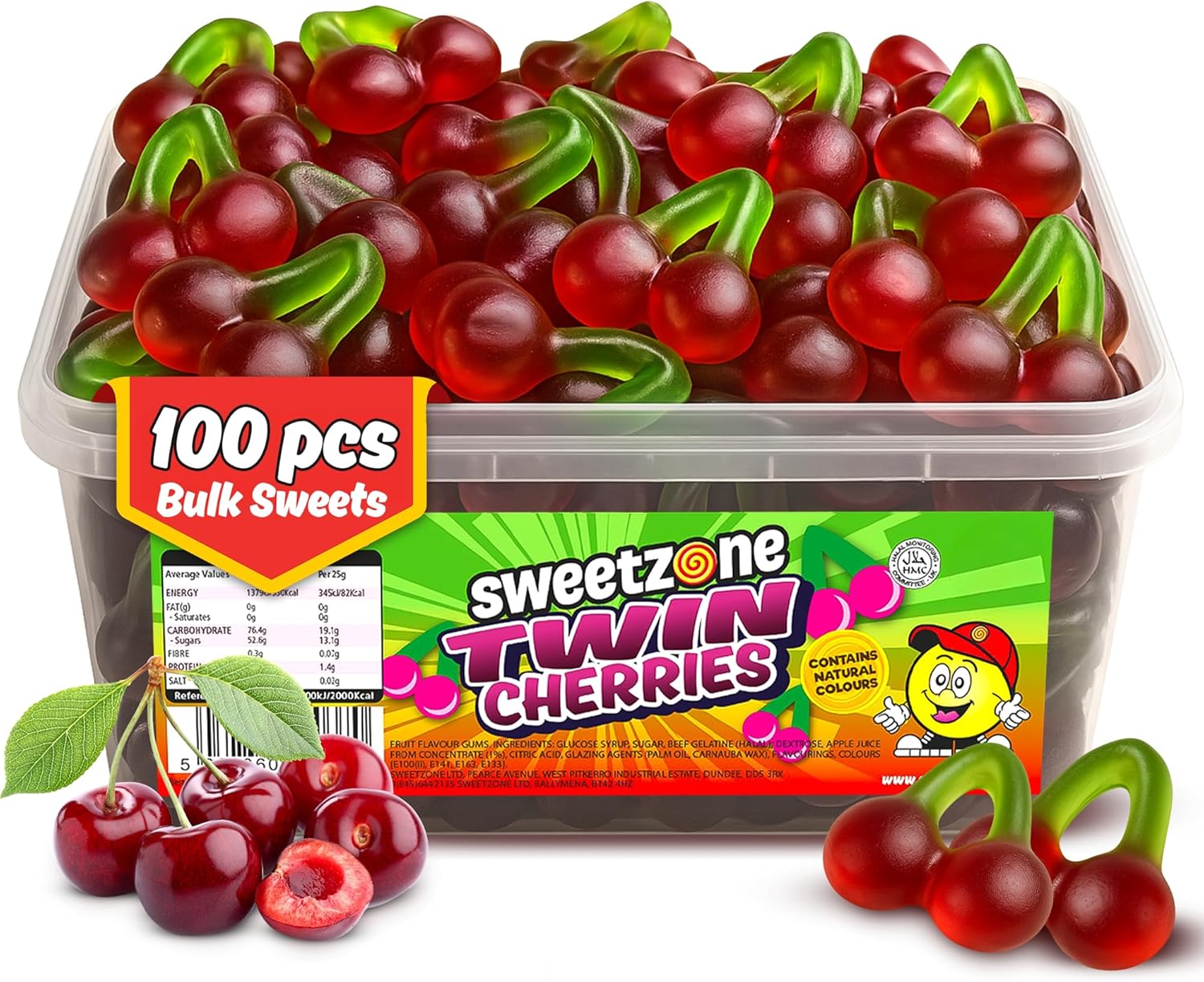 Sweetzone Twin Cherries Sweet Tub, 100 Pcs, 800, Halal Sweets, Sour Sweets, Gummy Candy, Jelly Candy, and Gummy Candy in Fun Tubs of Sweet, Fruit Flavour Gums for Everyone