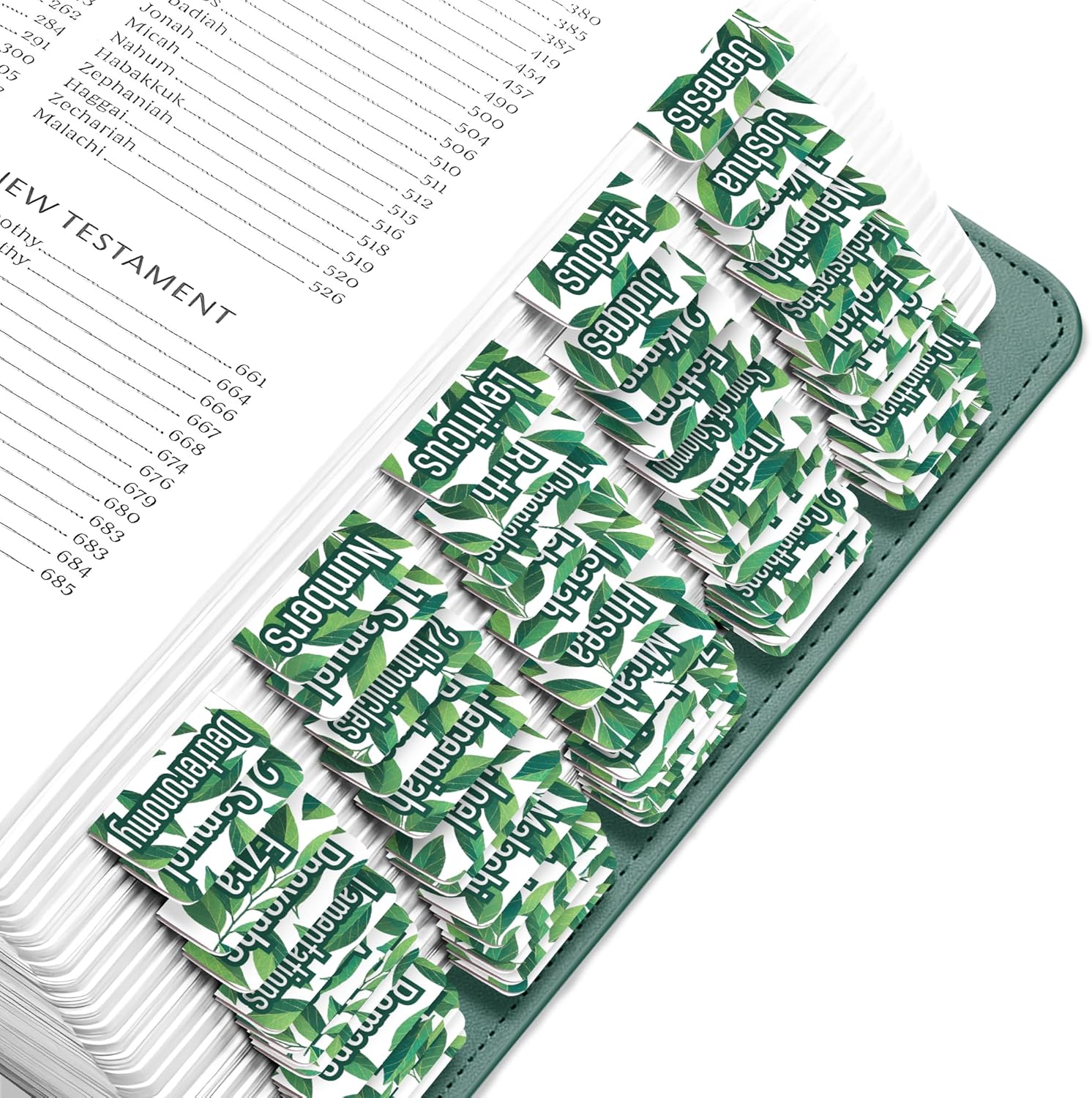 EssexWares – Deep Green Leaves Bible Tabs for Old and New Testament, 80 Large Print Tabs for Bible Study, Water-Resistant and Durable Bible Index Tabs for Women and Men - 1.7" Wide