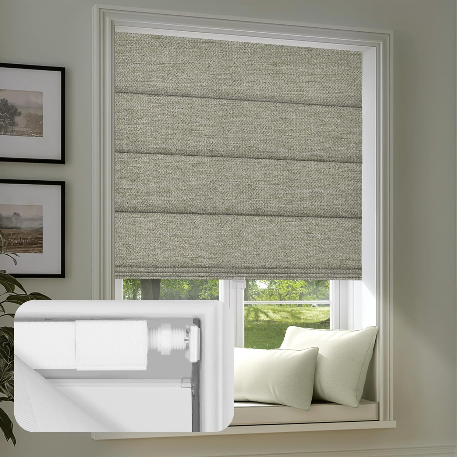 No Drill No Tools Blackout Roman Shades Easy to Install for Indoor Windows Cordless Roman Blinds Thermal Insulated Noise Reduction,Room Darkening,Blackout-Khaki,Custom Size