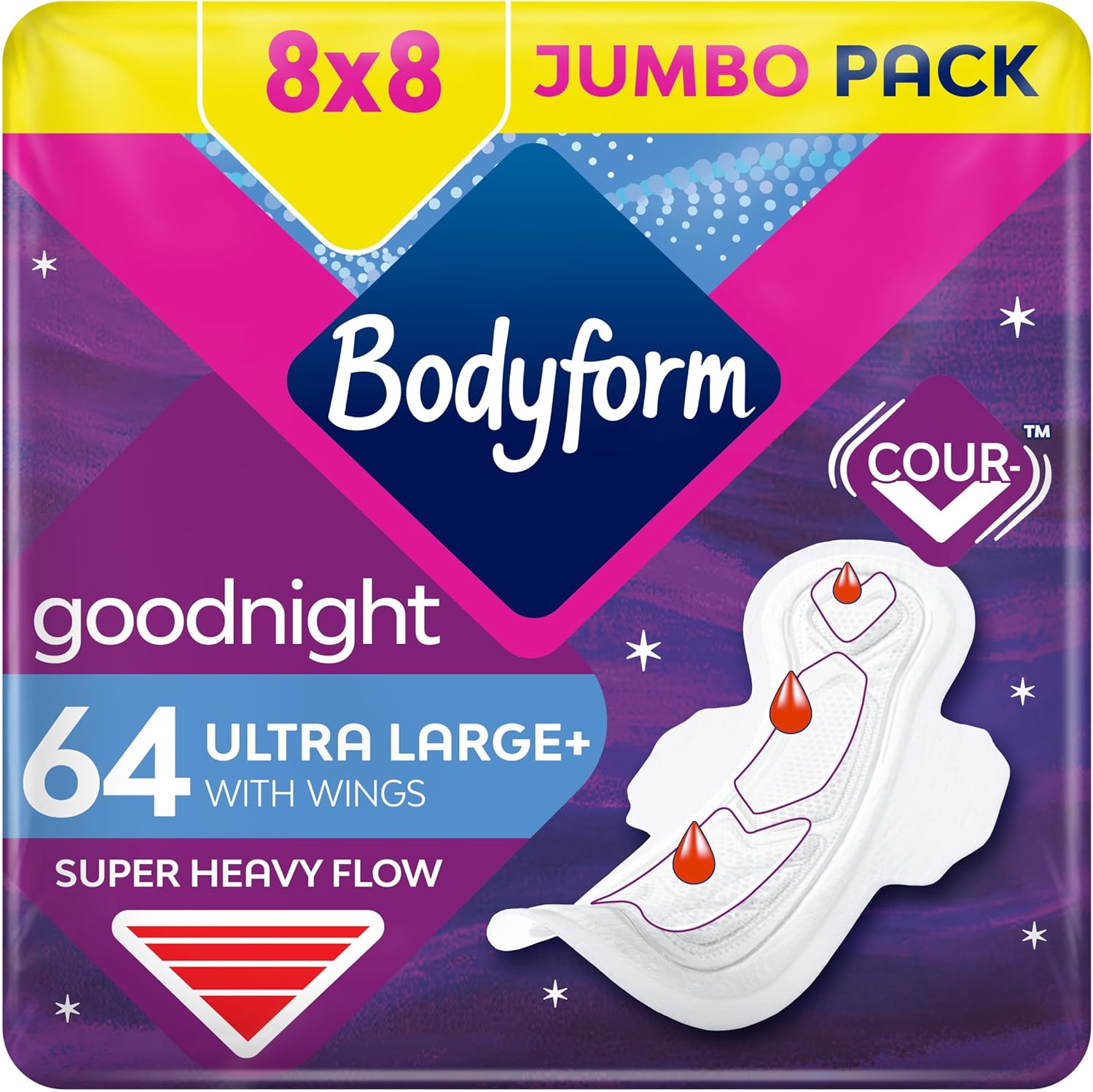 Bodyform Ultra Goodnight Sanitary Towels with Wings, 64 (8 x 8 Packs) Period Pads for Night use, SecureFit Leakage Protection, Ultra-Breathable Top Layer
