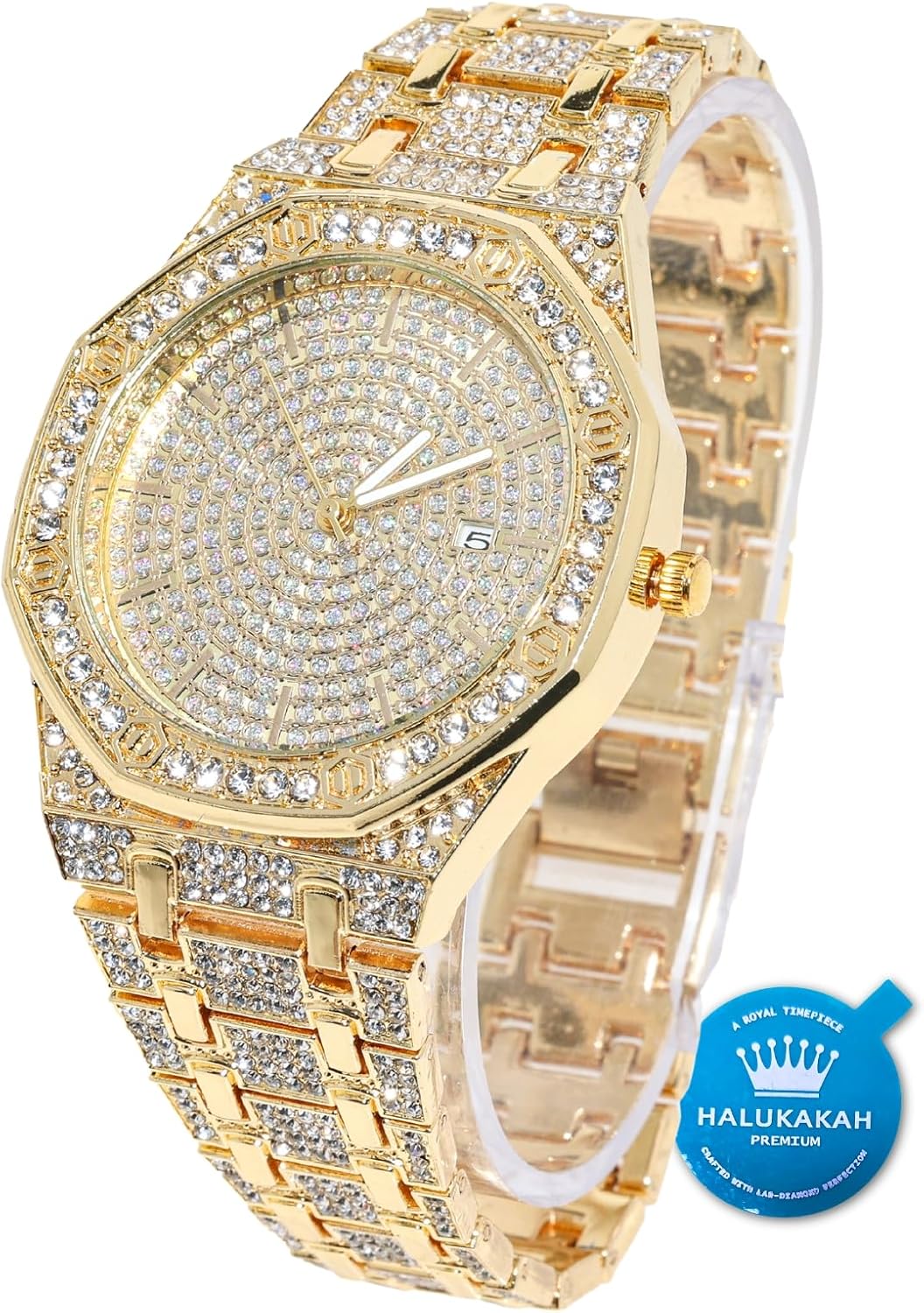 Halukakah Diamond Watch for Men - The Elite - 18K Real Gold/Platinum White Gold Plated & Handset Diamonds Iced Out,40MM Width Octagonal Dial,Wristband 8.7”,Cuban Link Chain 8"+18",Comes with Giftbox