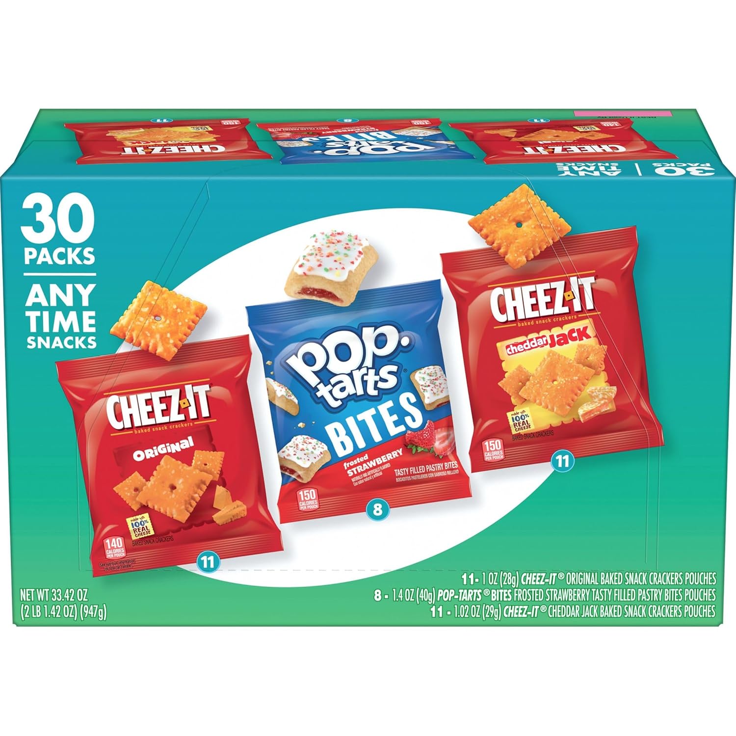 Kellogg's Cheez-It & Pop-Tarts Snacks, Grab 'N Go, Any Time Snacks Variety Pack, 33.42oz Box (30 Count)