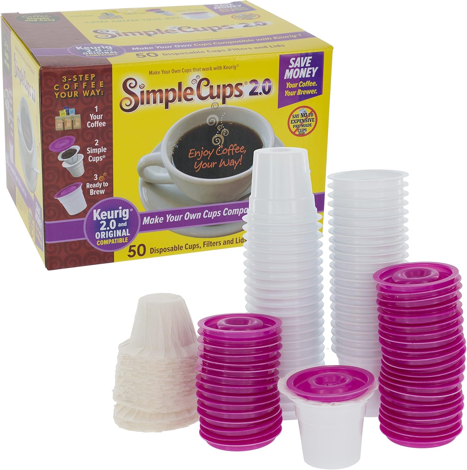 Simple Cups Disposable 50 Cups, Lids, and Filters, Compatible with Keurig Brewers, Reusable KCUPs & Coffee Pods, Use Your Own Coffee, Works w All Brands, Perfect for the home & traveling, Gift