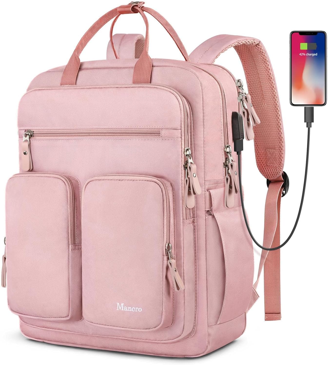 Mancro College Backpack for Women, 15.6 Inch TSA Laptop Bookbag with USB Charging Port and Wet Pocket, Large Capacity Travel Backpacks Casual Daypack, Pink