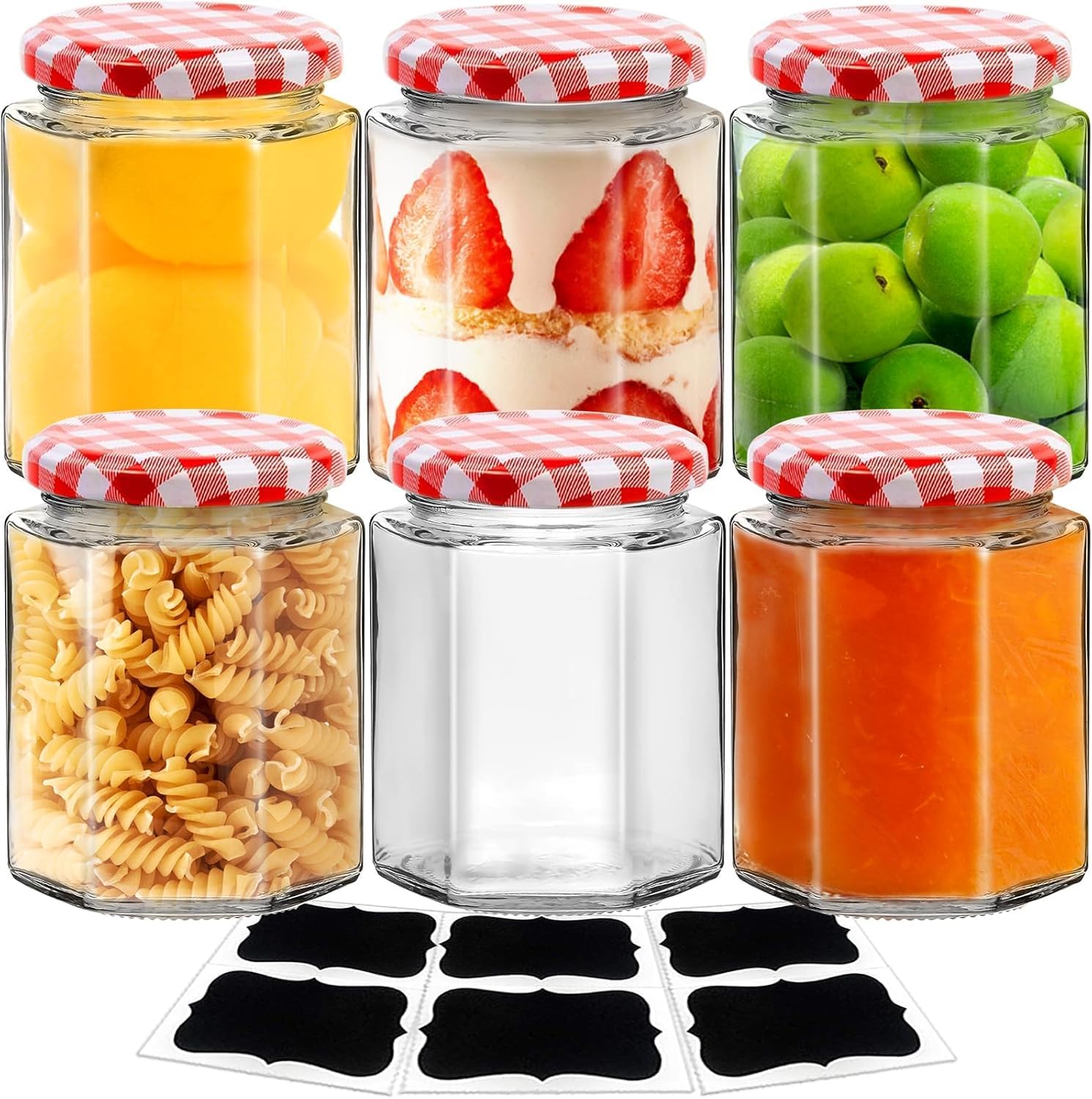 6pack Glass Jam Jars with Red Gingham Lid - 280ml/9oz - Hexagonal Storage Glass Jars, Clear Airtight Jar for Pickling, Chutney, Jam, Coffee