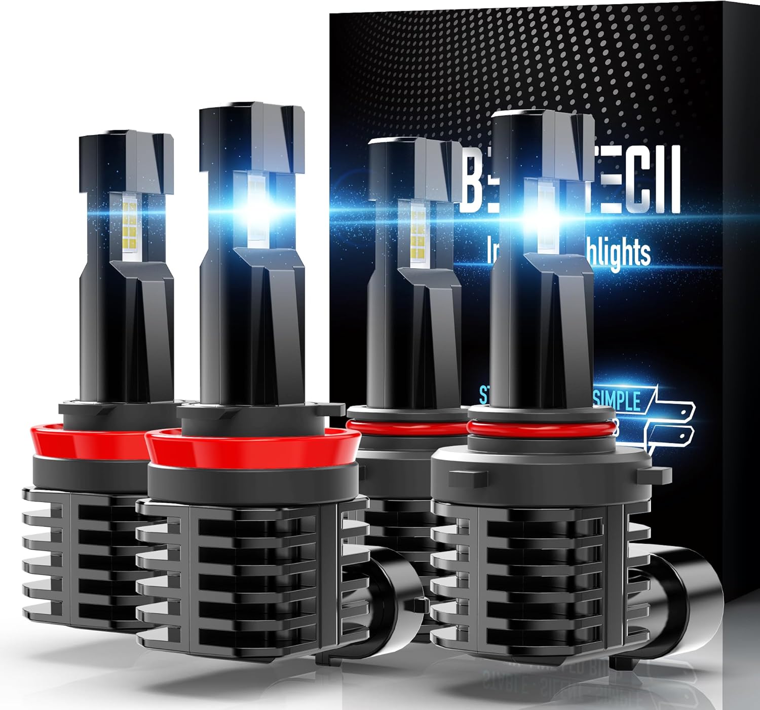 BEAMTECH 9005 H11 Bulbs, Fanless In Line HB3 H8 H9 Fog Light Bulb 6500K Xenon White Fog Light Of 4