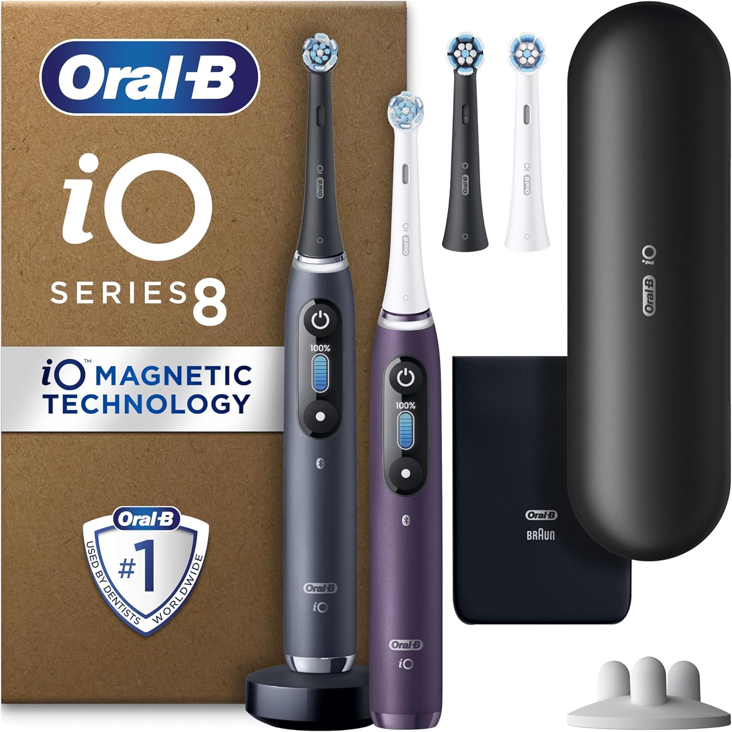 Oral-B iO8 2x Electric Toothbrushes For Adults, App Connected Handles, 4 Toothbrush Heads, 1 Travel Case, Toothbrush Head Holder, 6 Modes, 2 Pin UK Plug, Black/Violet