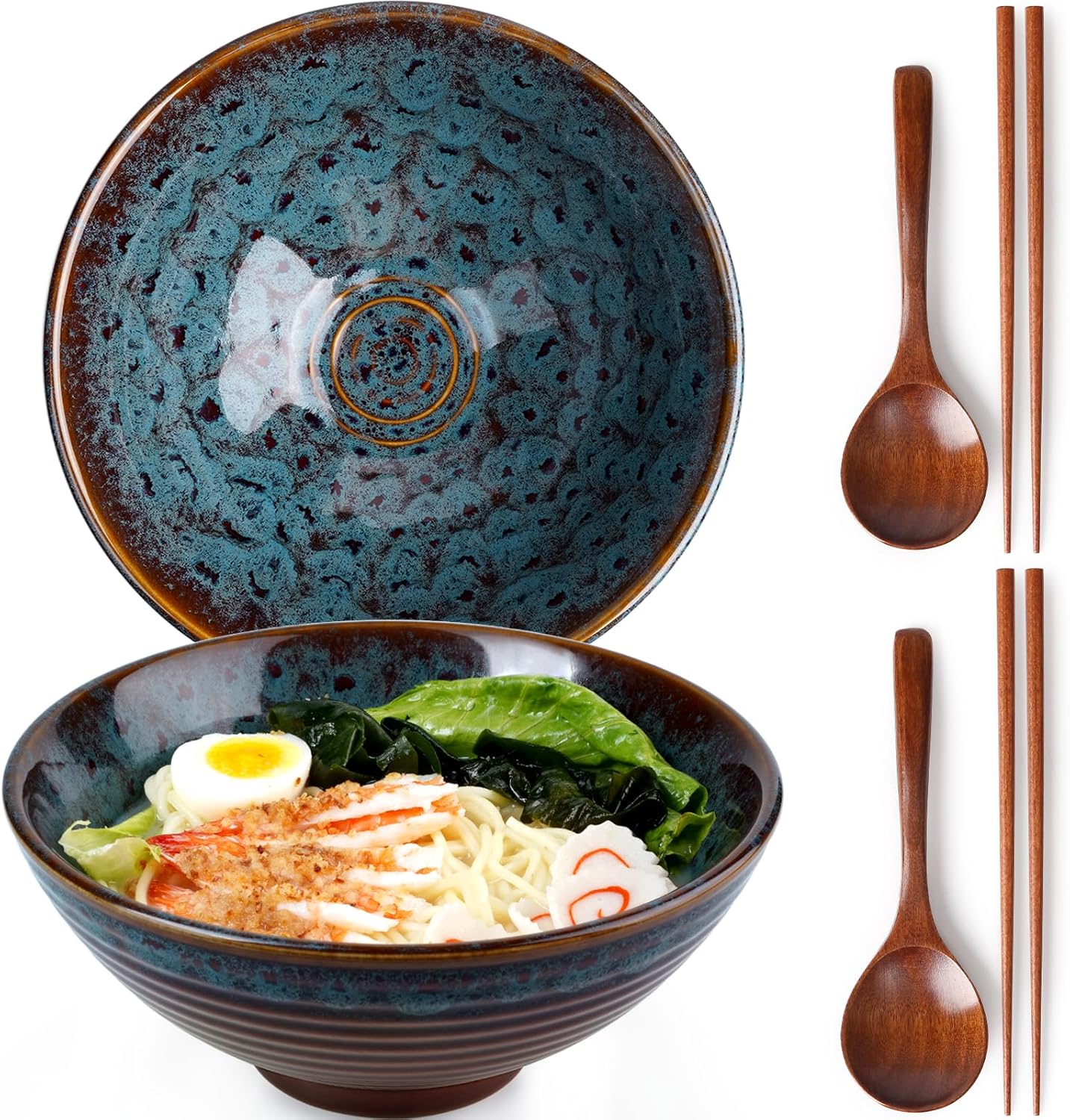 NUTRIUPS 1200ml Ceramic Ramen Bowl Set of 2 Noodle Bowls with Chopsticks and Spoons (Peacock Tail)