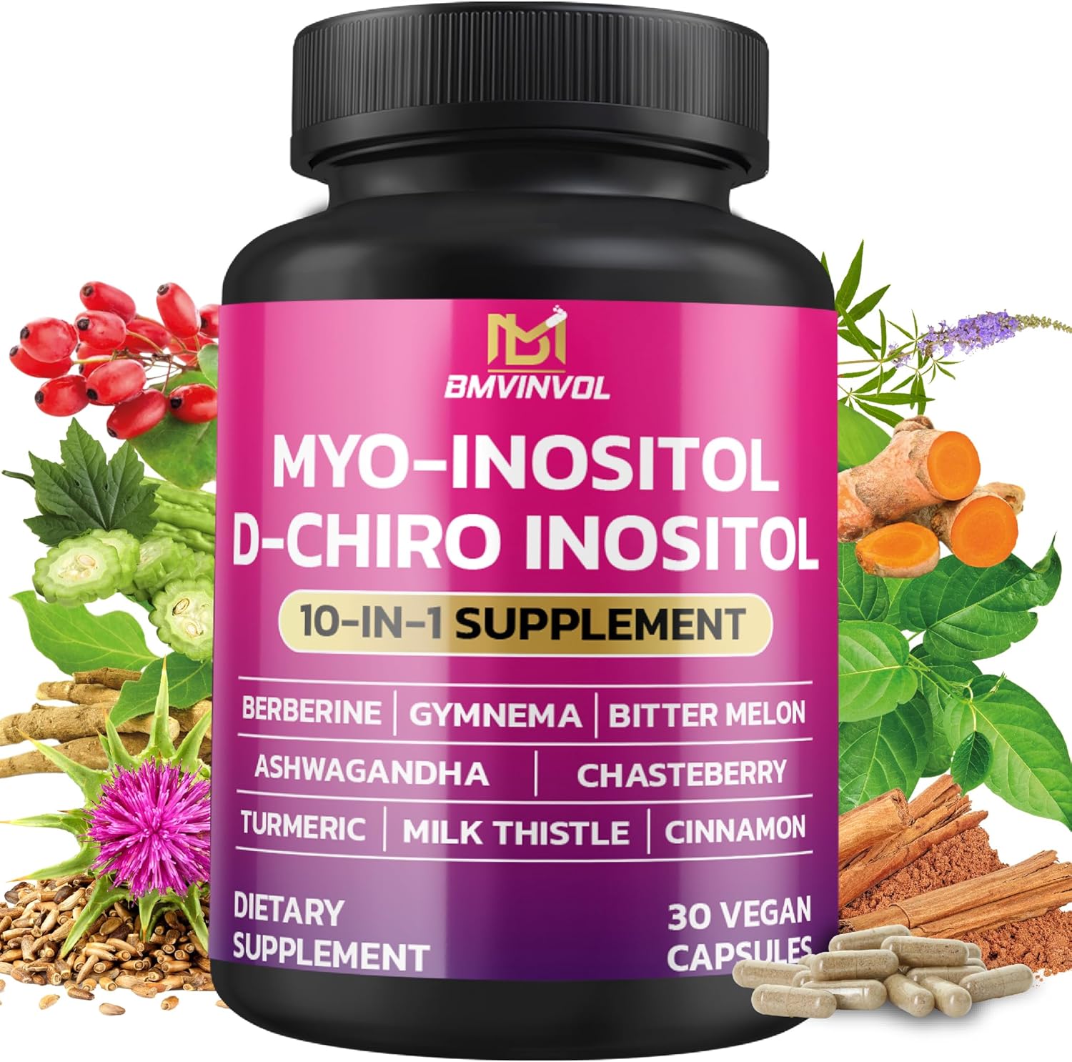 BMVINVOL Inositol Supplement - Myo-Inositol and D-Chiro Inositol Ideal 40:1 Ratio - Plus Berberine, Cinnamon, Ashwagandha + 5 More - 30 Capsules