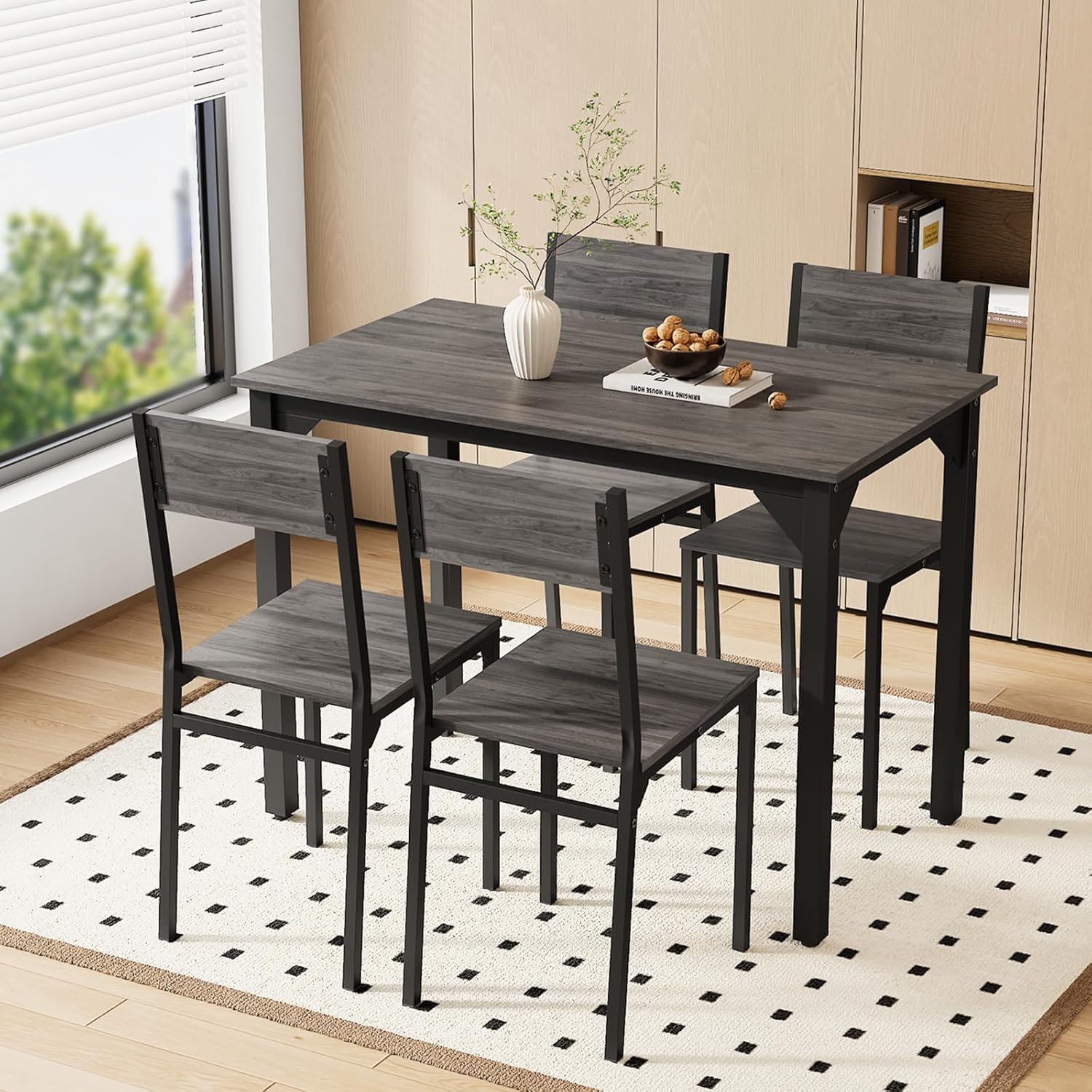 Warmiehomy Dining Table and Chairs Set 4, Kitchen Table with 4 Chairs Dining Furniture Set Modern Rectangular Metal Frame & MDF Board for Dining Room, Living Room,Gray,105x60x76CM