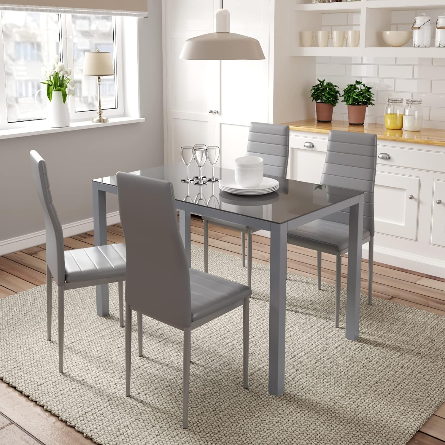 Jooli H Dining Table and Chairs Set 4, Glass Kitchen Table and 4 Faux Leather Foam High Back Padded Chairs Modern Furniture Sets for Dining Room, Kitchen, Office, Lounge, Grey