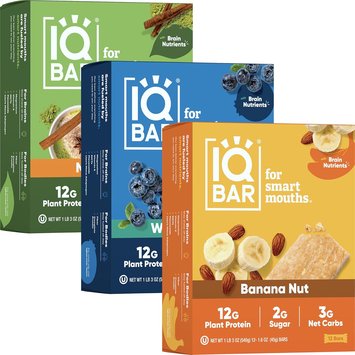 IQBAR Brain and Body Keto Protein Bars - 12-Count Banana Nut, Matcha Chai & Wild Blueberry Keto Bars - Low Carb Protein Bars - High Fiber Vegan Bars and Low Sugar Meal Replacement Bars