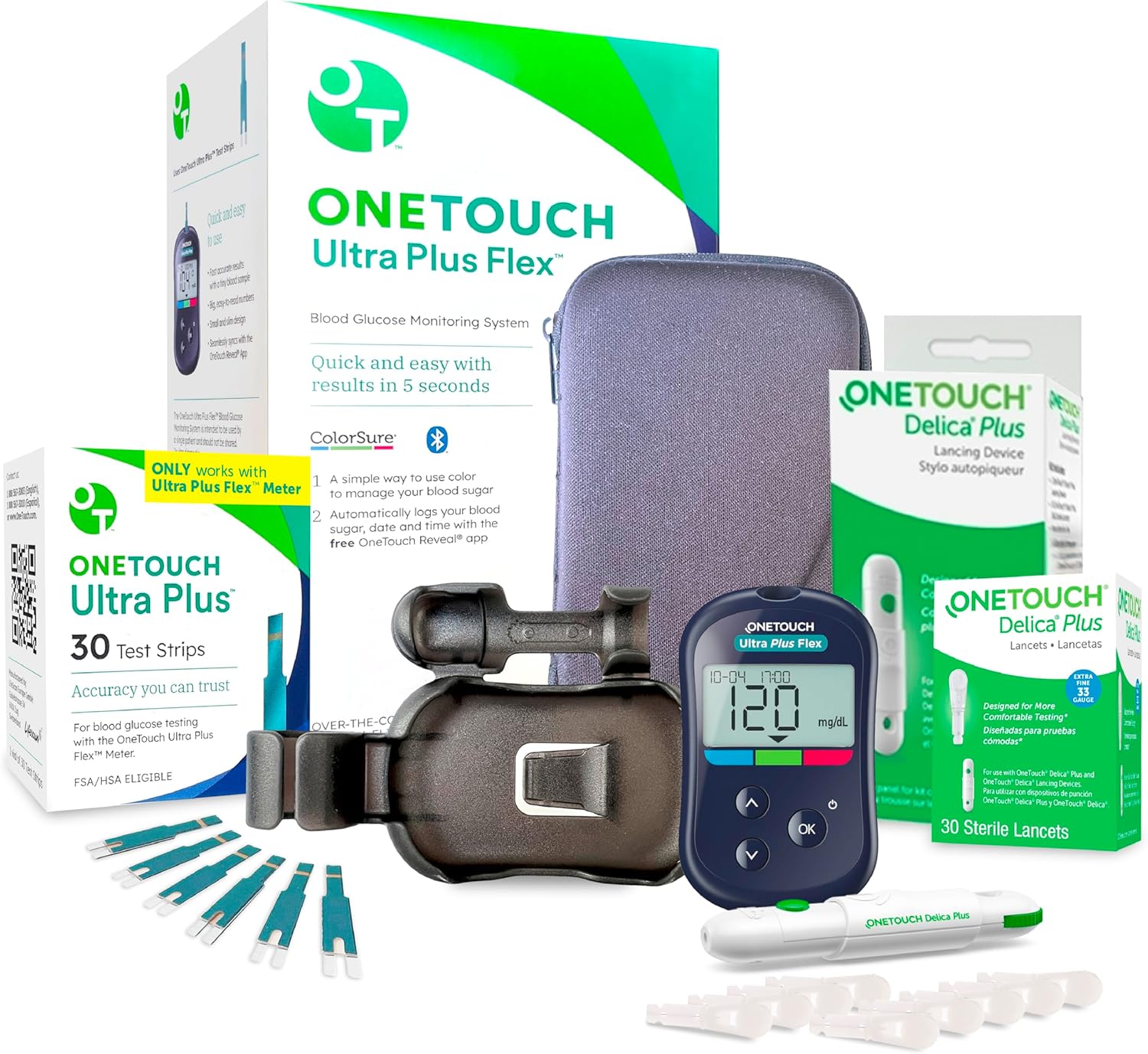 OneTouch Ultra Plus Flex Value Diabetes Testing Kit | Blood Sugar Test Kit Includes 1 Blood Glucose Meter, 1 Lancing Device, 30 Lancets, 30 Diabetic Test Strips, & Carrying Case