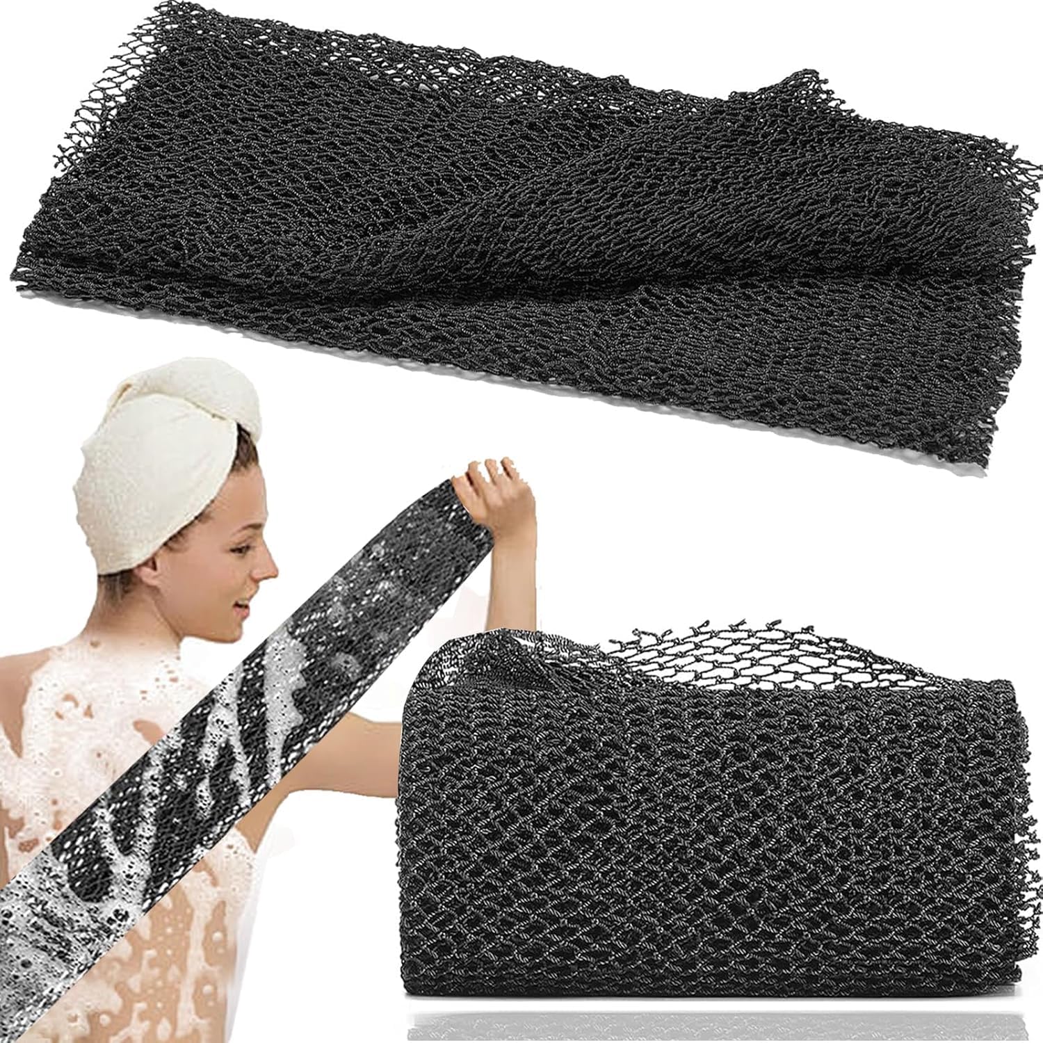Momo & Nashi 2Pcs African Net Sponge, Real Black-Owned African Sponge, Authentic Exfoliator and Body Scrubber, Exfoliating Bath Wash Cloth for Back, Foot, and Scalp, Stretchable and Durable (Black)
