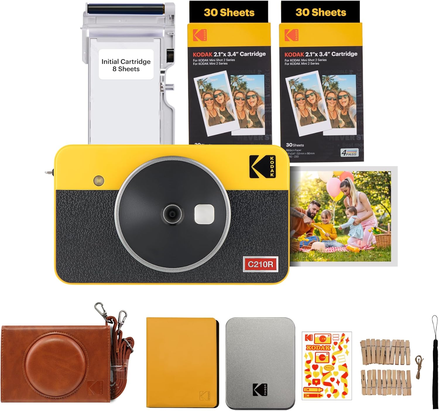 KODAK Mini Shot 2 Retro 4PASS 2-in-1 Instant Camera and Photo Printer (2.1x3.4 inches) + Initial 8 Sheets + 60 Sheets Gift Bundle, Yellow