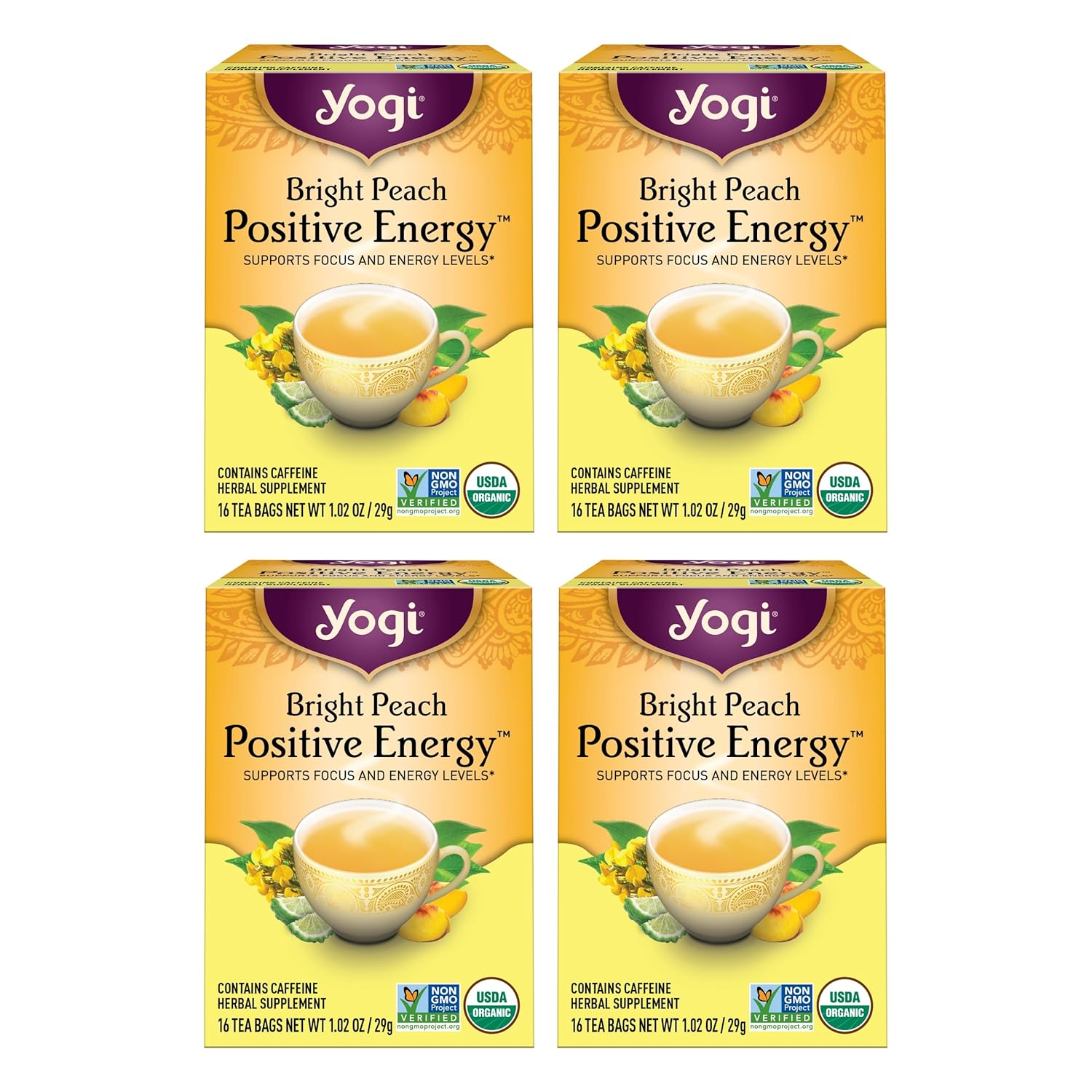 Yogi Tea Bright Peach Positive Energy Tea - 16 Tea Bags per Pack (4 Packs) - Organic Tea to Support Focus & Energy - Includes Oolong Tea Leaf, White Hibiscus Flower, Rose Hips & More