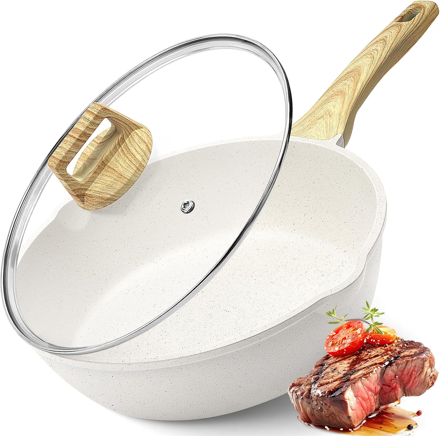 GiPP Nonstick Deep Frying Pan - 11 Inch Saute Pan with Lid Granite Induction Cookware, 4.5Qt Non Stick Woking Pan Skillet, PFOA PFOS APEO Free, White