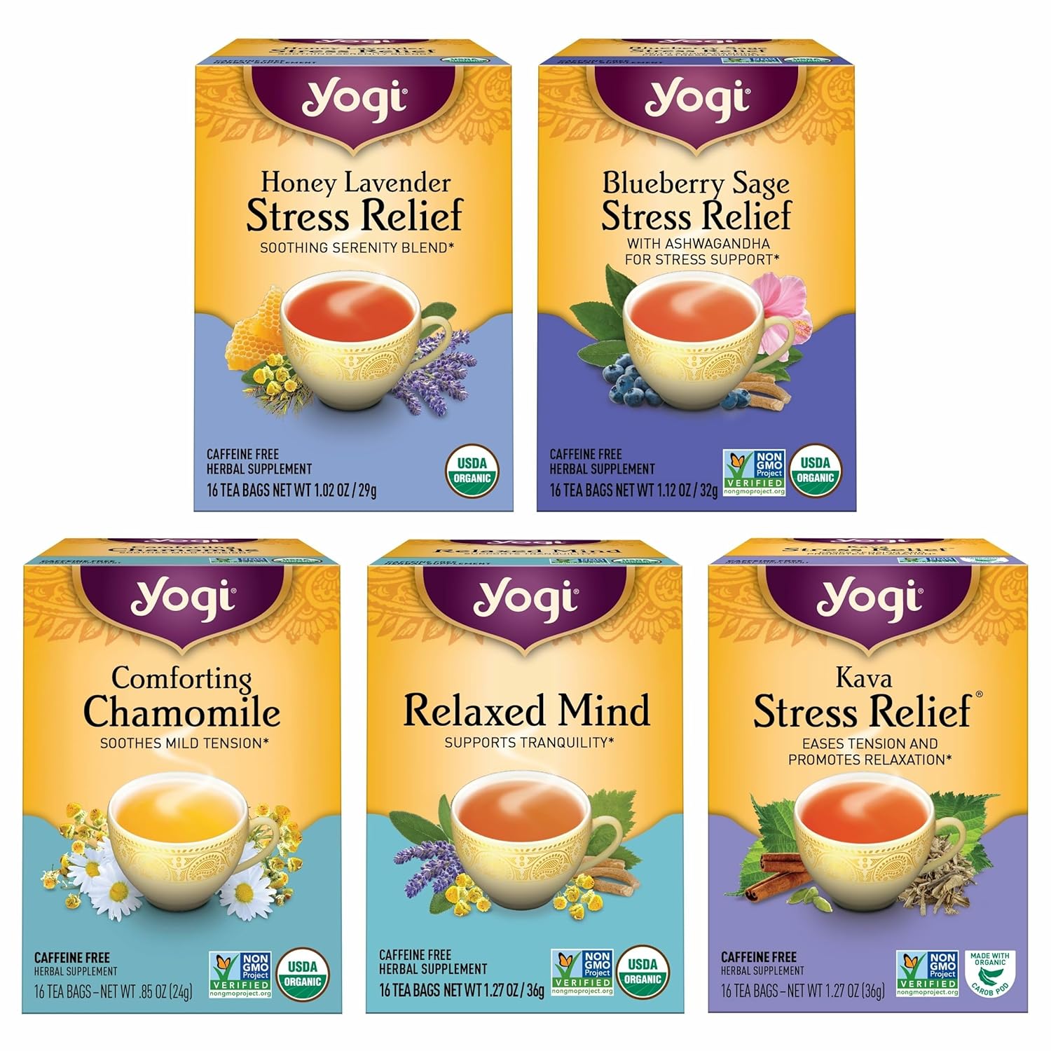Yogi Tea Stress Relief & Relaxation Variety Sampler - 16 Bags per Pack (5 Packs) - Organic Relaxing Tea Sampler Set - Calming, Comforting Chamomile, Relaxed Mind & More