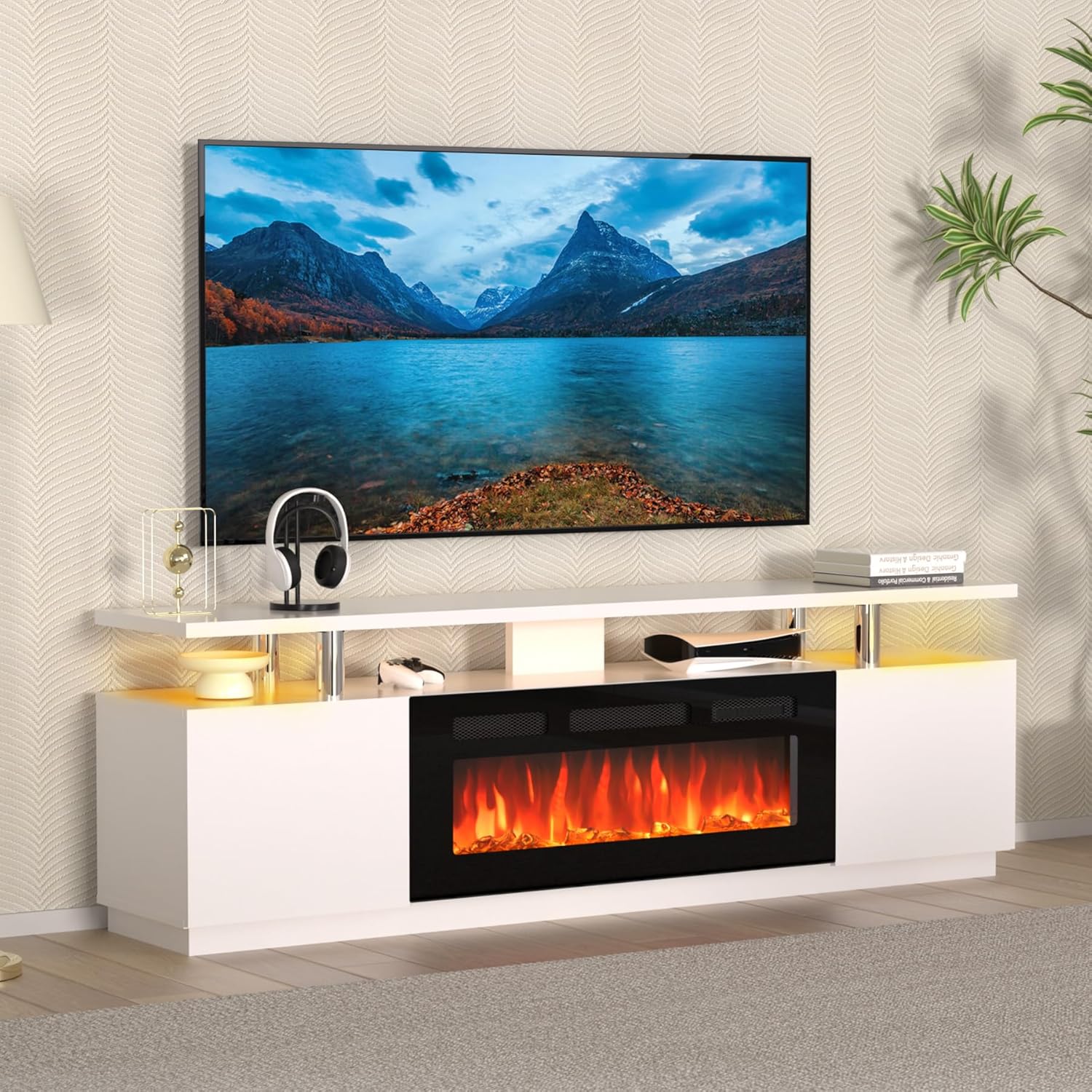 GAOMON 70 Inch Fireplace TV Stand with 36 Inch Electric Fireplace, 12 Colors LED Lights, 750W/1500W for Max 80 Inch TV, 2 Tier Storage 2 Door Cabinet