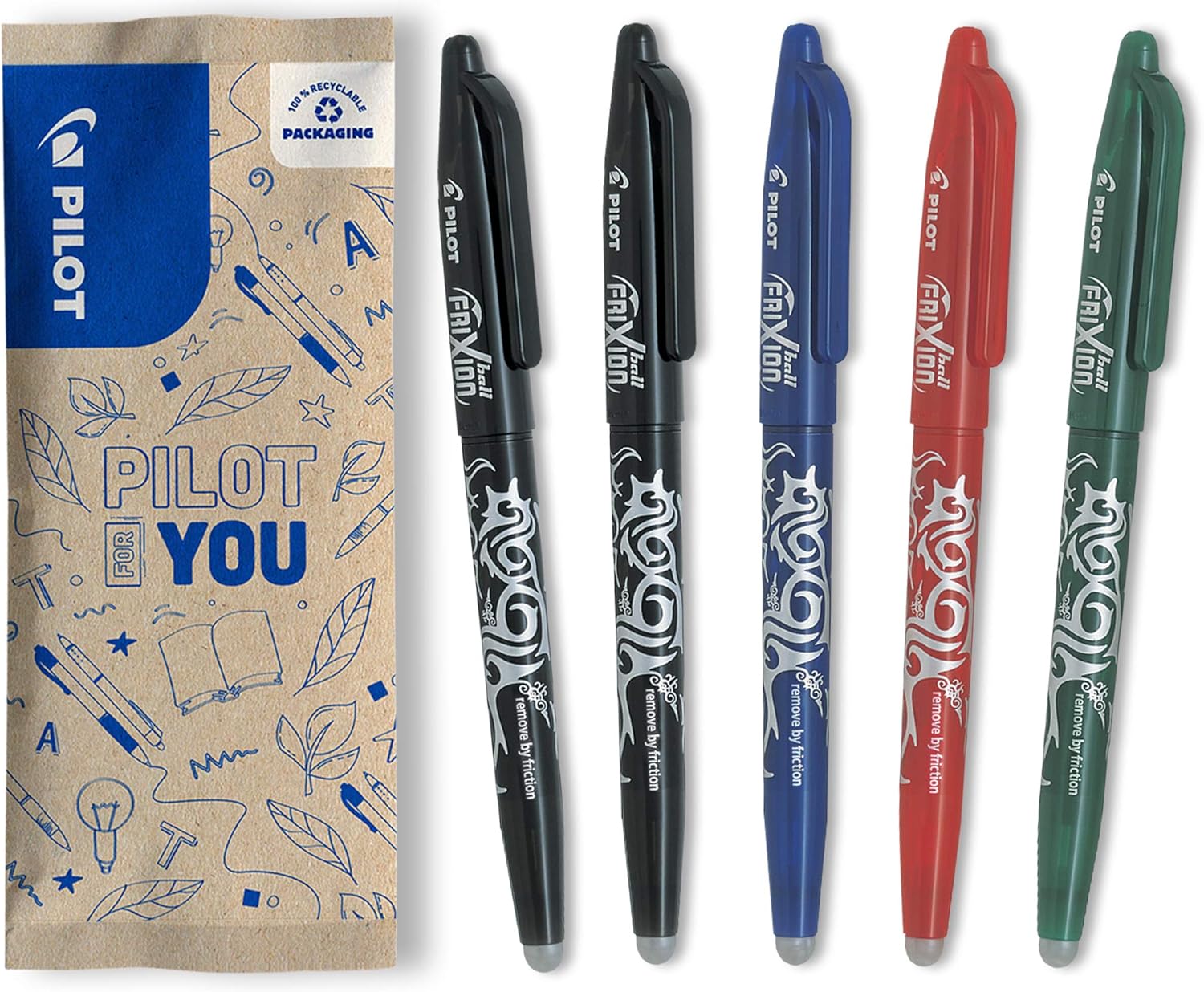 Pilot Frixion Erasable Rollerball 0.7 mm Tip- 2 Black, 1 Blue, 1 Red, 1 Green, Pack of 5