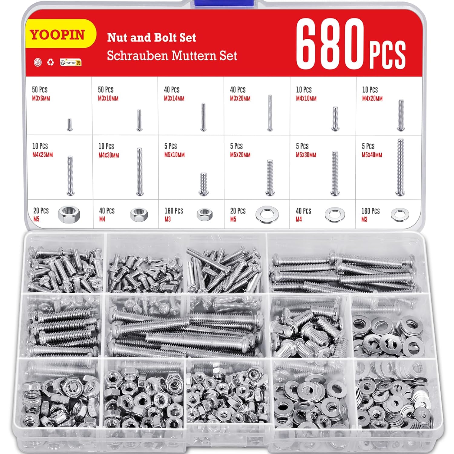 YOOPIN 680PCS Nuts and Bolts Set, M3/M4/M5 Phillips Round Head Screws Nuts and Washers, Carbon Steel Hex Nut and Bolt Assortment Set for DIY Projects, Furniture Installation and Parts Fixing