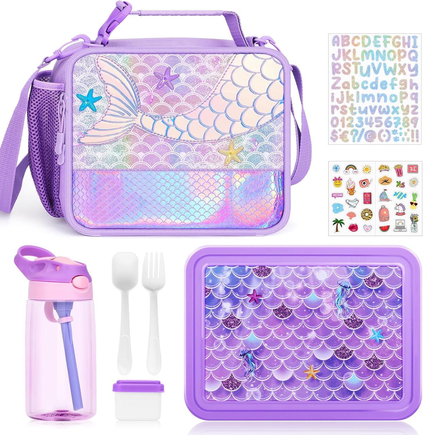 3PCS Kids Lunch Bag and Bento Box Set,Insulated Lunch Bag,Multicompartment Bento Lunch Box&Water Bottle for Kids, Leakproof Lunch Containers for Girls/Toddlers Pre-School,Kindergarten (Purple mermaid)