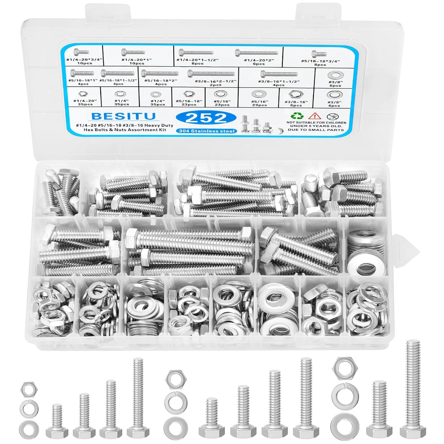 252Pcs Hex Bolts and Nuts Assortment Kit, 1/4-20, 5/16-18, 3/8-16 Assorted Bolts Nuts and Washers Kit, 304 Stainless Steel Machine Screw Sets with Case