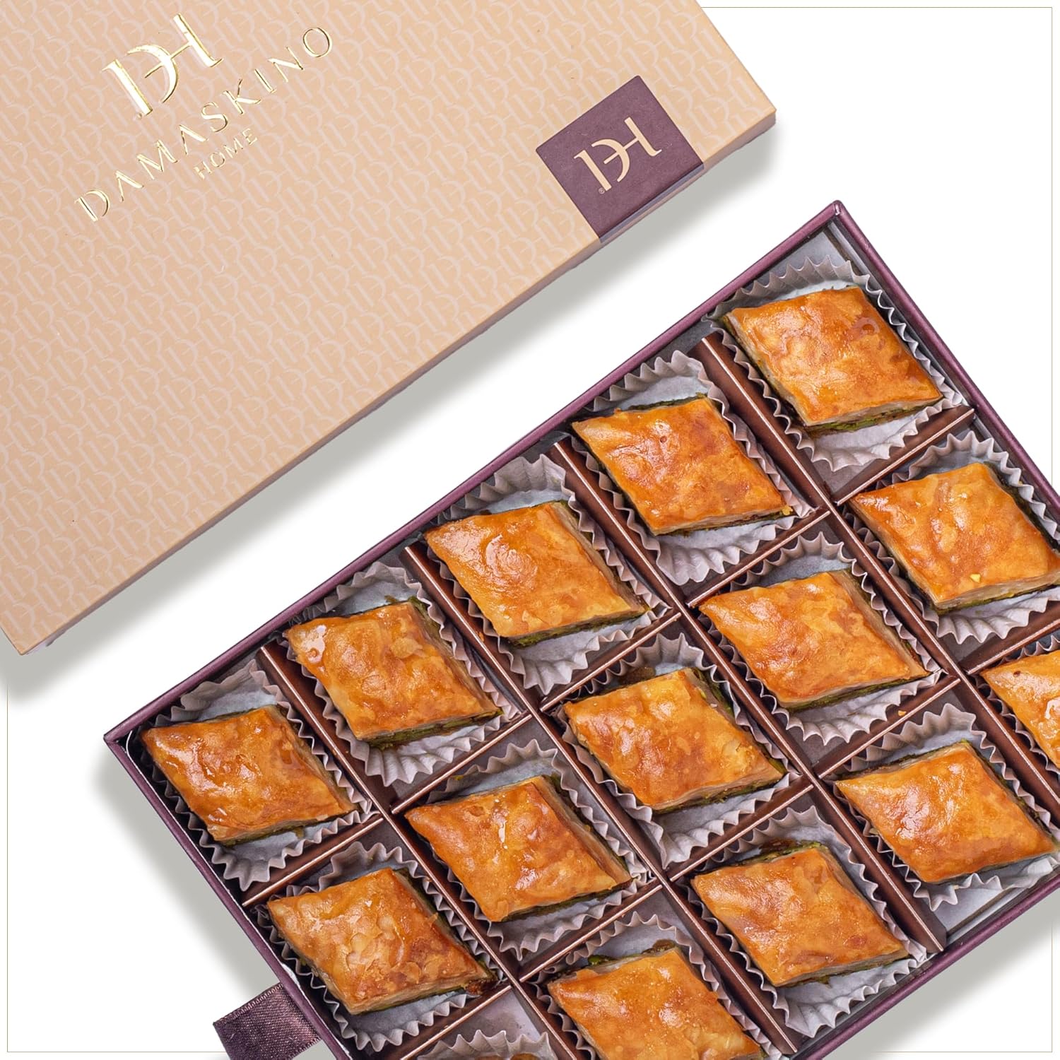 Damaskino Home Greek Baklava Gift Box 10.5oz – 15 Pieces of Premium Baklava Pistachio with Crispy Phyllo Dough – Authentic Middle Eastern Sweets