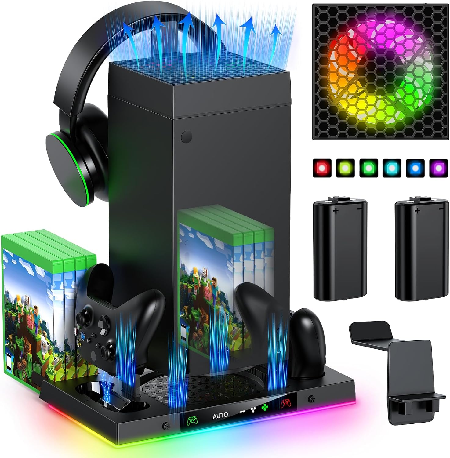 Auto Cooling Fan and Charge Stand Accessories for Xbox Series X Console with 15 Light Modes, Wireless Dual Charger Dock for XSX Controller, 2 Rechargeable Batteries, Headset Stand & Game Disc Storage