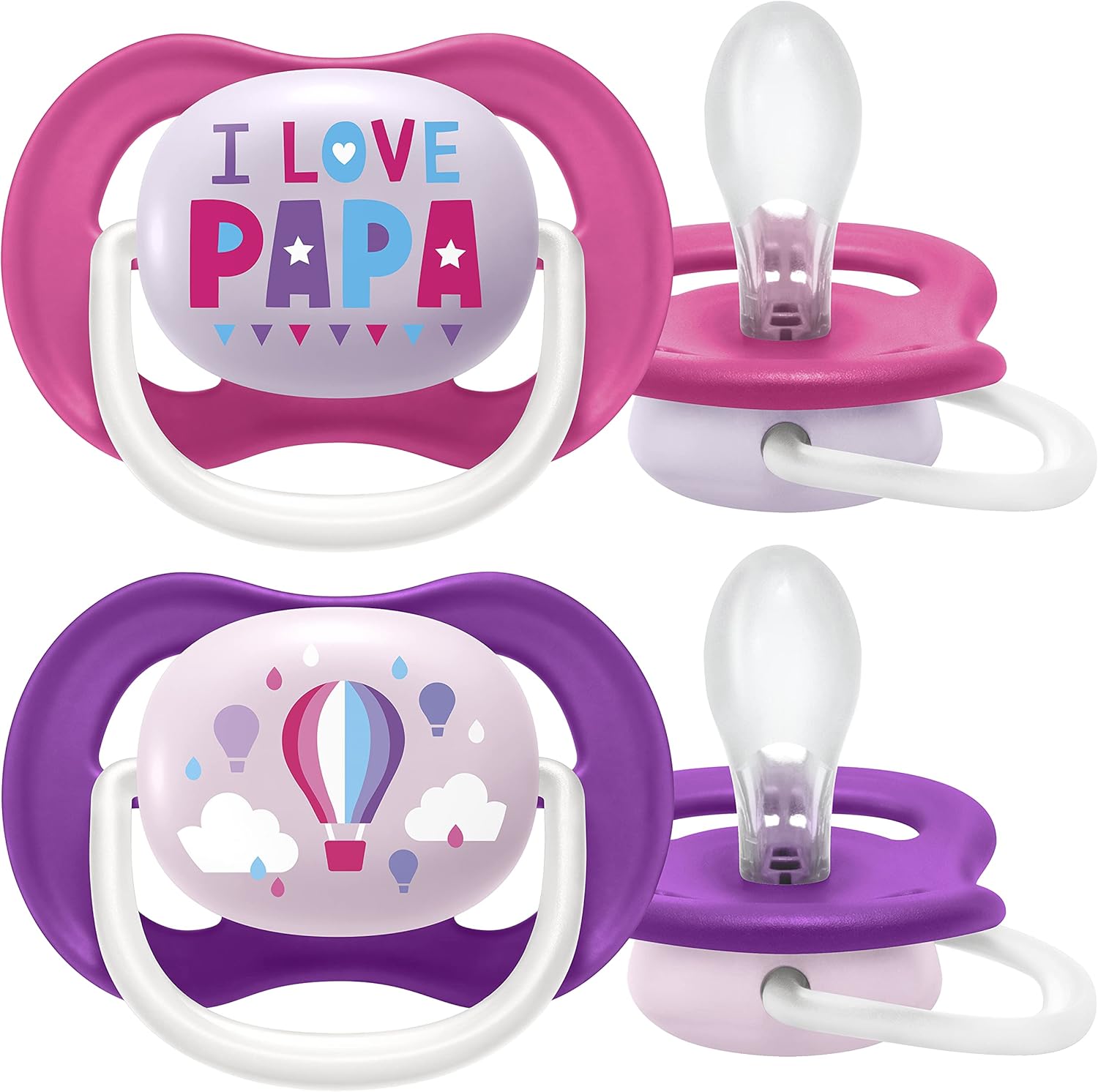 Ultra Air Philips Avent Dummies for 6 to 18 Months Orthodontic and BPA (Pack of 2) + steriliser/Carry Bag SCF080/04, Pink & Purple