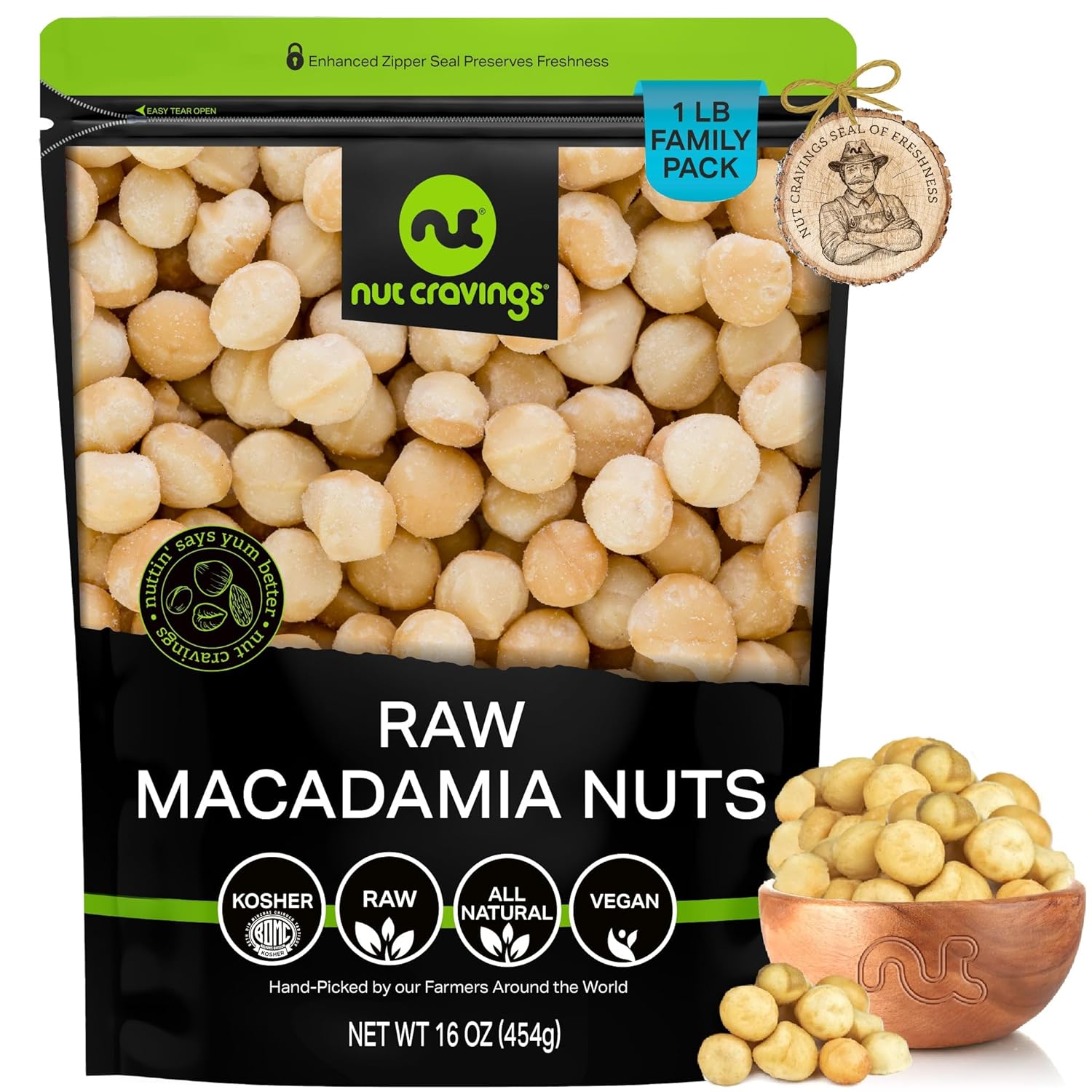 NUT CRAVINGS - Raw Macadamia Nuts, Unsalted, Shelled, (16oz - 1 LB) Bulk Nuts Packed Fresh in Resealable Bag - Kosher Healthy Snack, Food Assortments