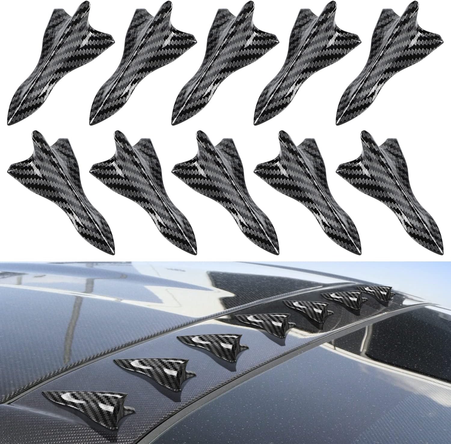 Ouzorp 10Pcs Air Vortex Generator Carbon Fiber Pattern Diffuser Shark Fin Set Kit Compatible with Spoiler Roof Wing Pointed