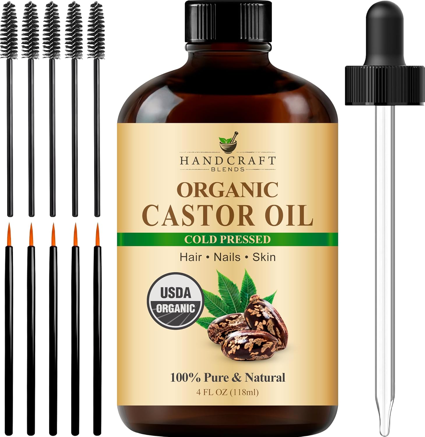 Handcraft Blends Cold-Pressed Organic Castor Oil in Glass Bottle - 4 Fl Oz - 100% Pure and Natural - Premium Grade Carrier Oil for Hair Growth, Eyelashes and Eyebrows - Hair and Body