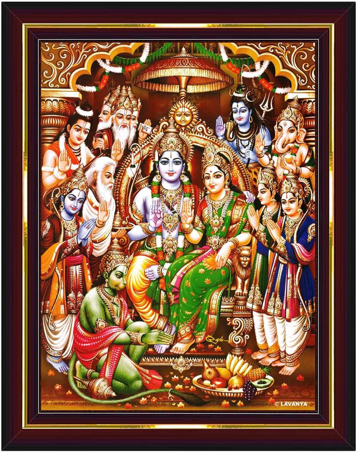Pavan Photo Laminations Ram Darbar Lord Shri Rama Sita Parivar Family Wall Painting Framed Home Decor (Wood,Matte,Brown,Small Size,6 x 8 Inch) B746S