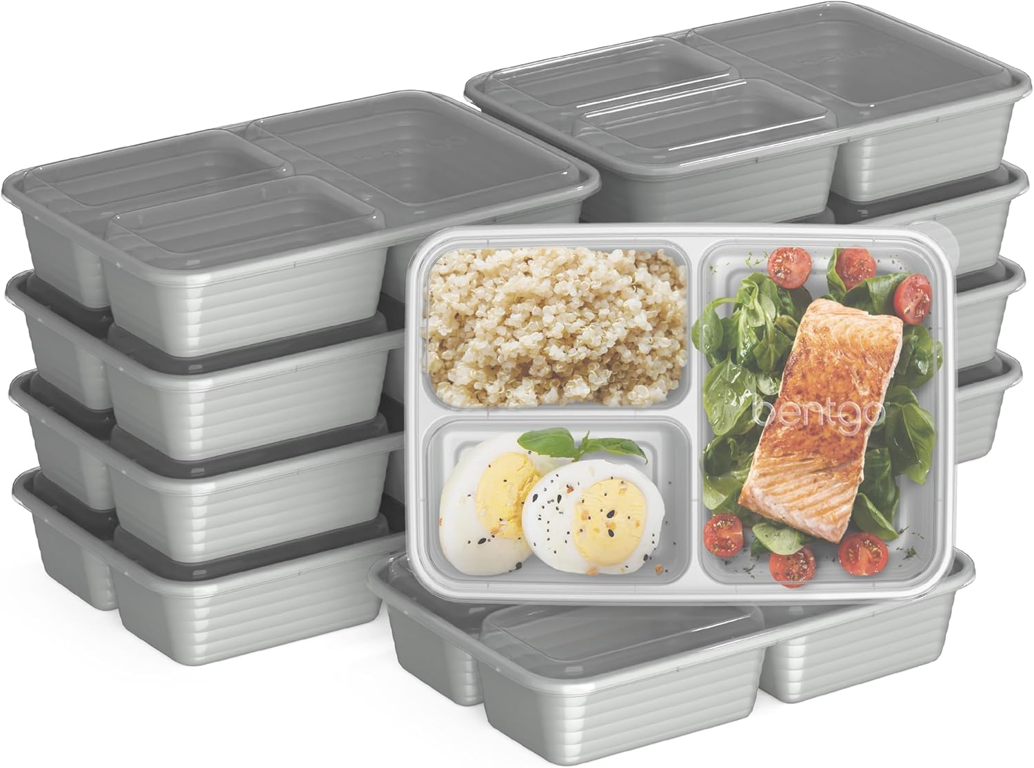 Bentgo 20-Piece Lightweight, Durable, Reusable BPA-Free 3-Compartment Containers - Microwave, Freezer, Dishwasher Safe - Silver