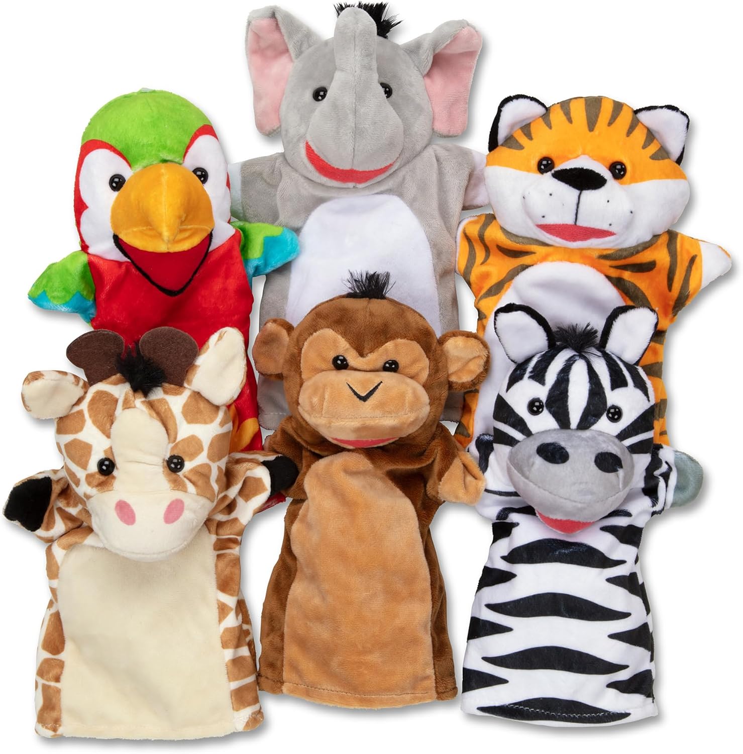 Melissa & Doug Safari Buddies Hand Puppets, Set of 6 (Elephant, Tiger, Parrot, Giraffe, Monkey, Zebra) - Soft, Plush Animal Hand Puppets For Toddlers And Kids Ages 2+