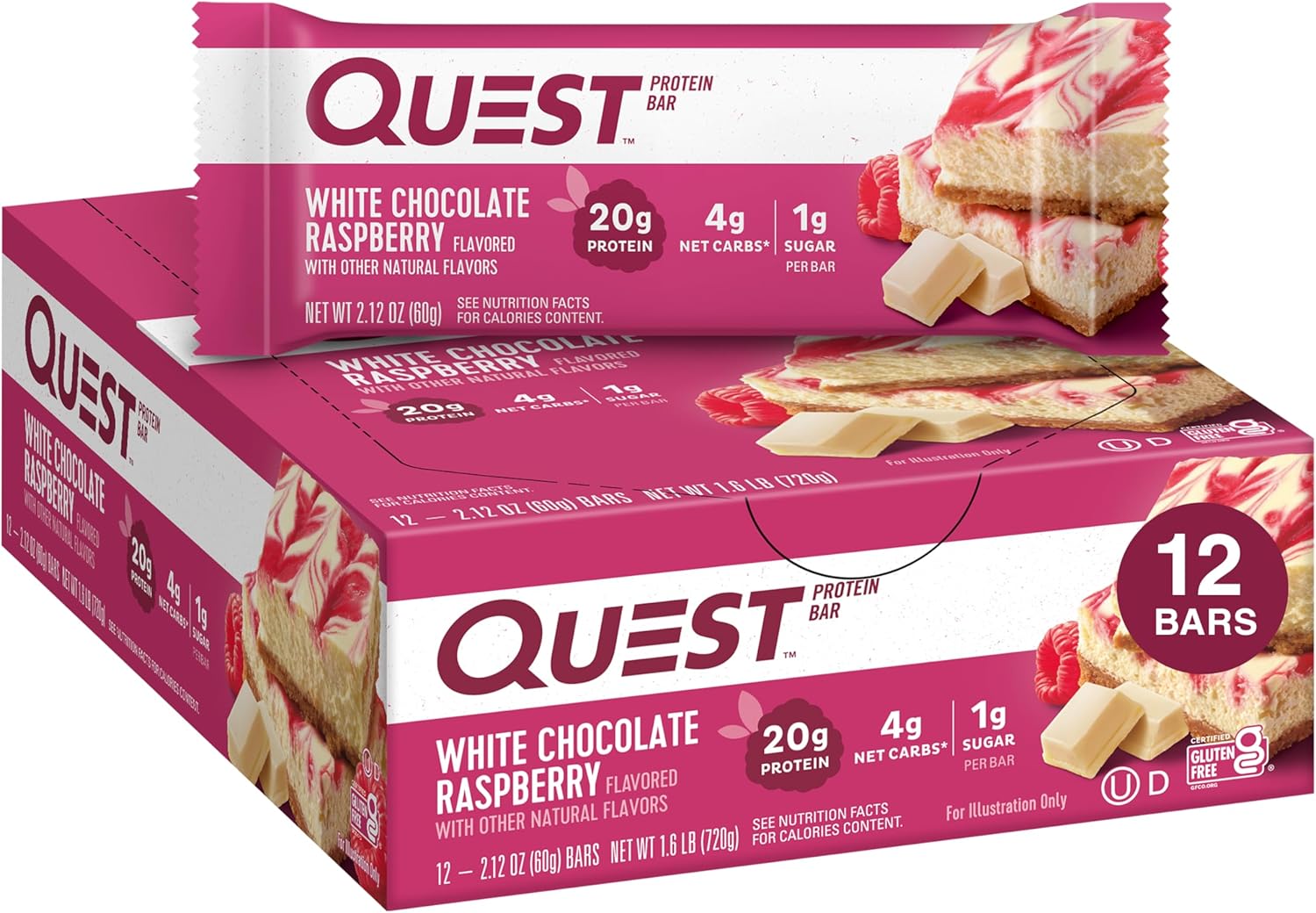 Quest Nutrition White Chocolate Raspberry Protein Bars, 20g Protein, 1g Sugar, 5g Net Carb, Gluten Free, Keto Friendly, 12 Count