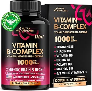 Vitamin B Complex for Men & Women - Made in USA - 11-in-1 B-Complex: B1, B2, B3, B5, B6, B7, B8, B9, B12 with Vitamin C, Choline, Inositol - Energy, Brain & Heart Support Supplement, 60 Vegan Capsules