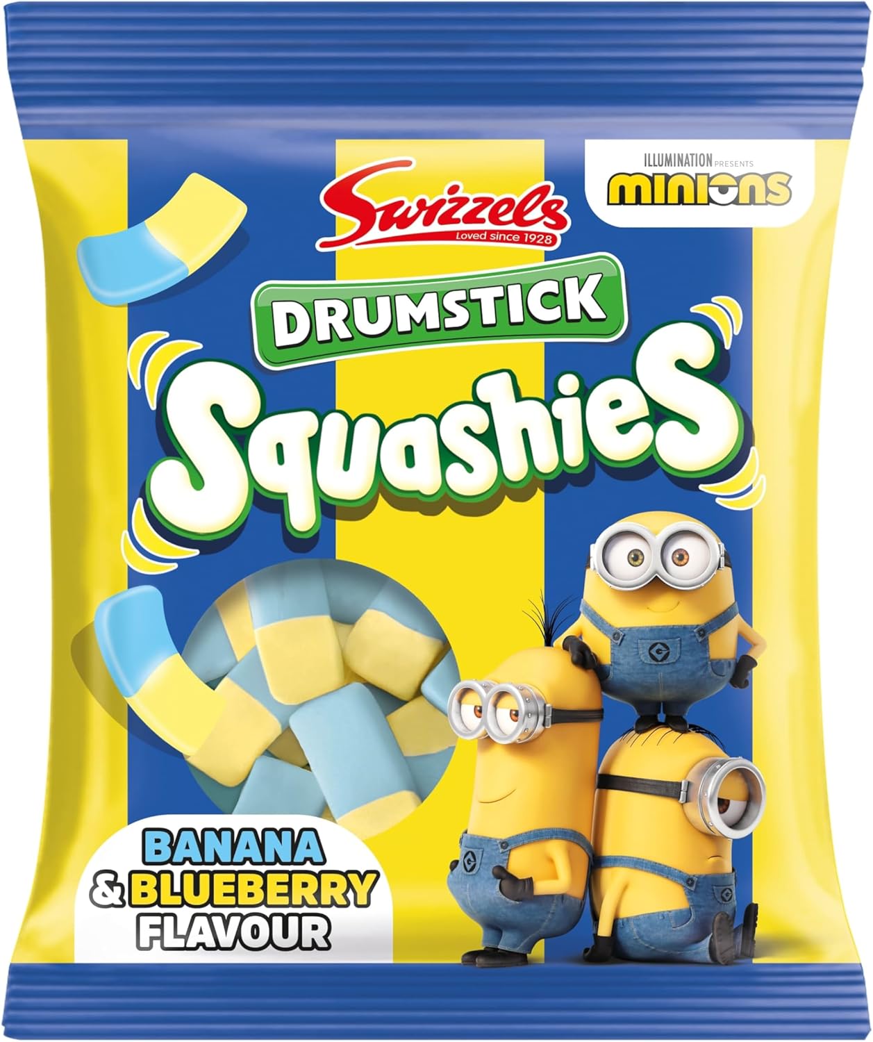 Swizzels Squashies Minion Sweets, Banana and Blueberry Flavour Foam Gums - Single Bag 120g
