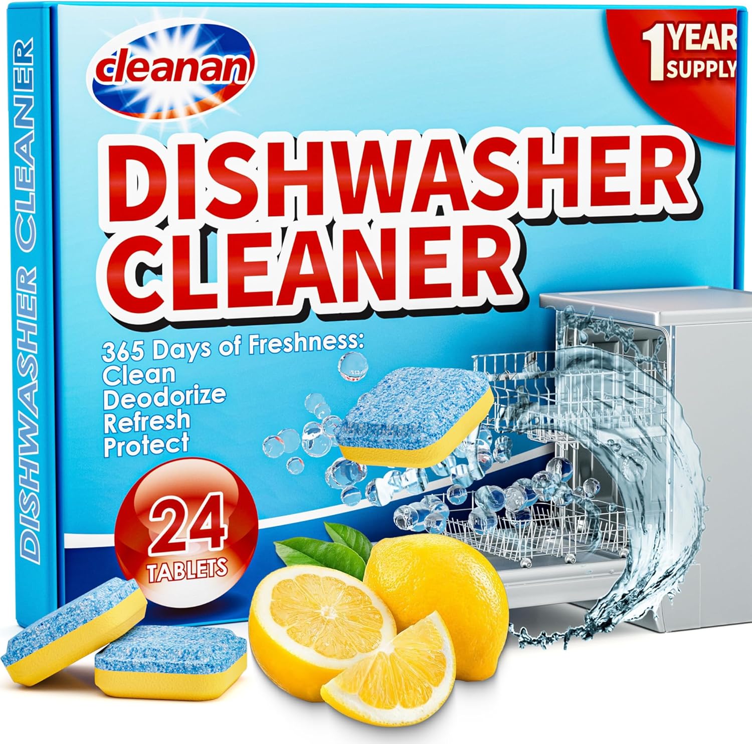 Dishwasher Cleaner Deep Clean Tablets - 24 Pack Powerful Descaling and Refreshing Pods, Deep Cleaning for Dish Washer Machine, Natural Ingredients, Heavy Duty for Sparkling Clean - Yearly Supply