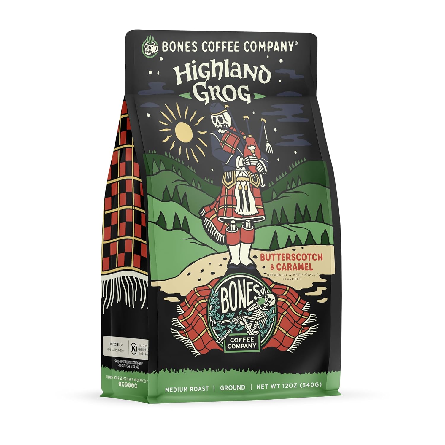 Bones Coffee Company Highland Grog Butterscotch Caramel Flavored, Coffee, Medium Roast Low Acid, 12 Oz Ground