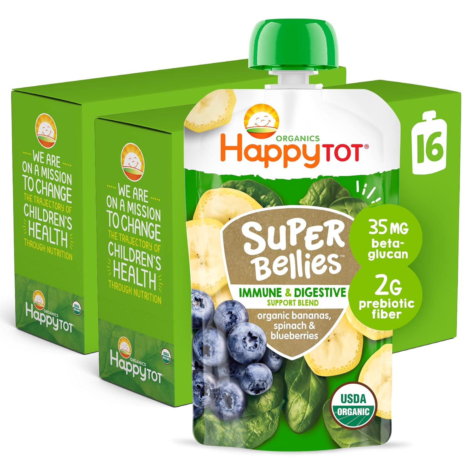 HAPPYTOT Organics Stage 4 Baby Food Pouches, Gluten Free, Vegan Snack, Super Bellies, Fruit & Veggie Puree, Banana, Spinach & Blueberries 4 Ounce (Pack of 16)