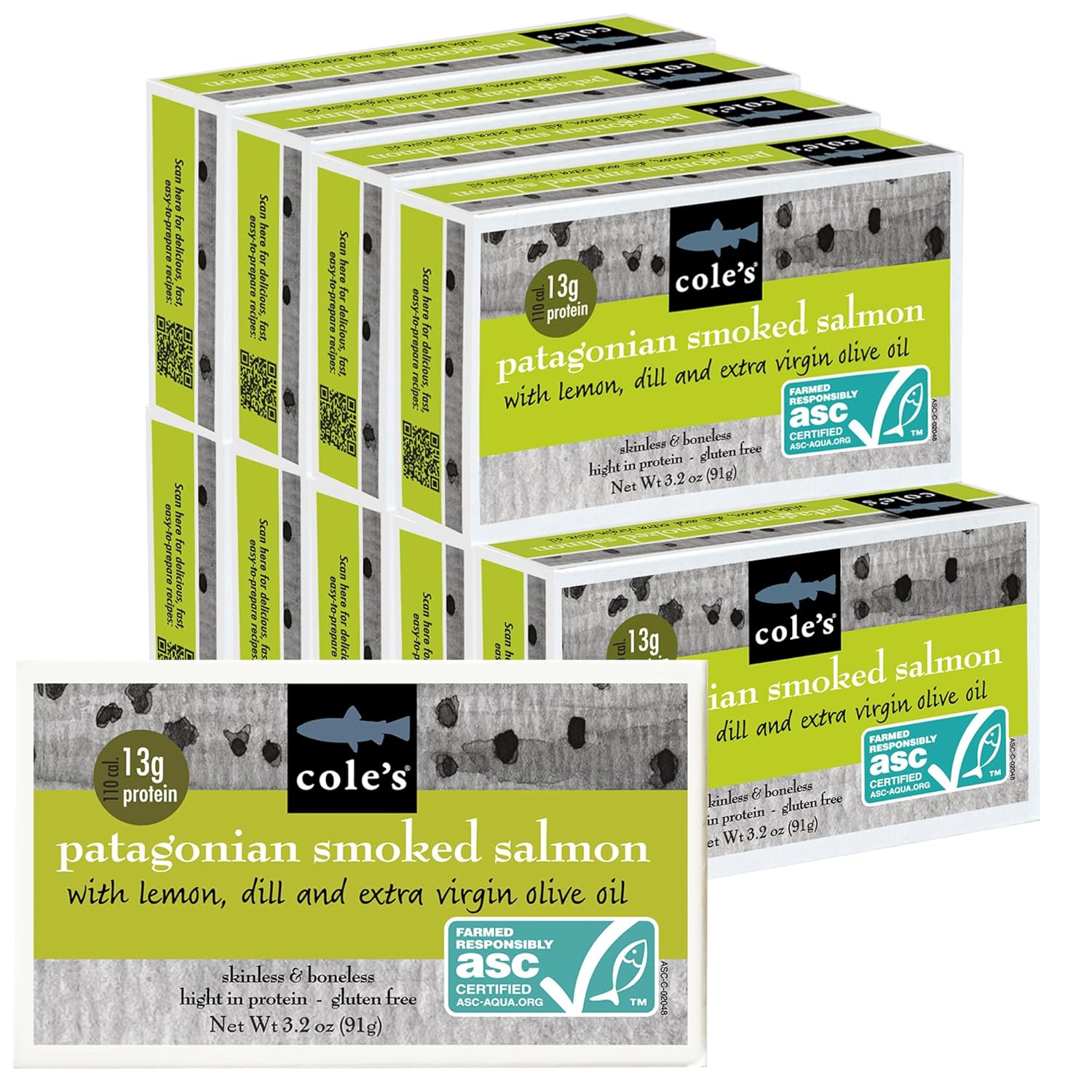 Cole's Patagonian Smoked Salmon Fillet w/Lemon & Dill in Extra Virgin Olive Oil | 3.2 oz Hand-Packed Smoked Salmon Canned | 13g Protein | pack of 10