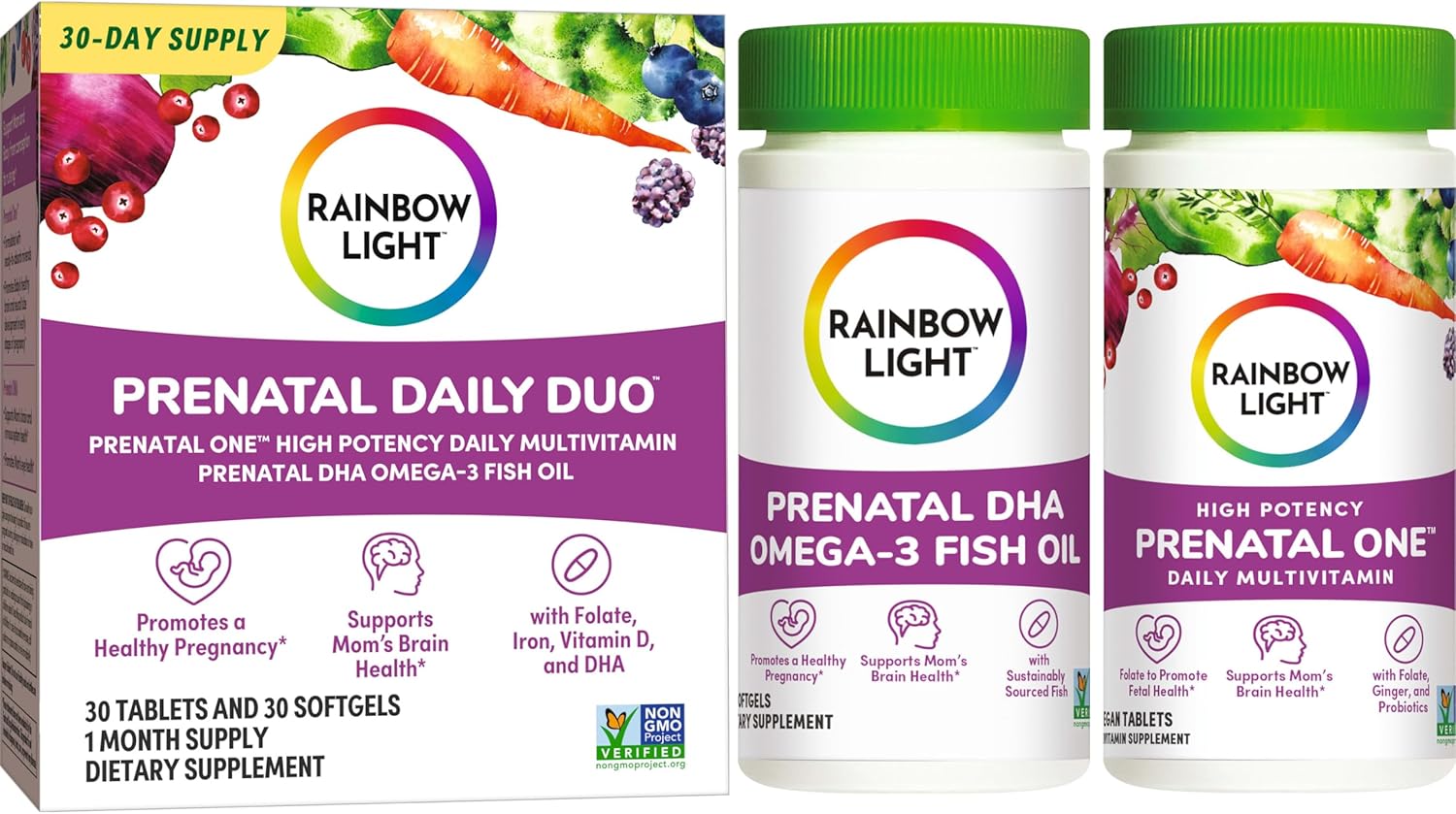 Rainbow Light Prenatal Daily Duo Multivitamin Kit, With Prenatal One Daily Multivitamin and Prenatal DHA Omega-3 Fish Oil for Mom's Health and Baby's Development Support, 30 Count