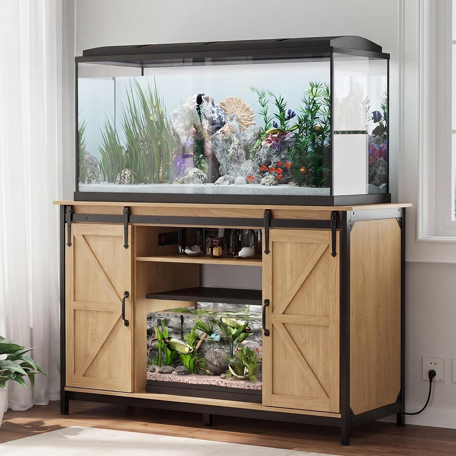 VOWNER Farmhouse 55-75 Gallon Fish Tank Stand with Power Outlet, Natural